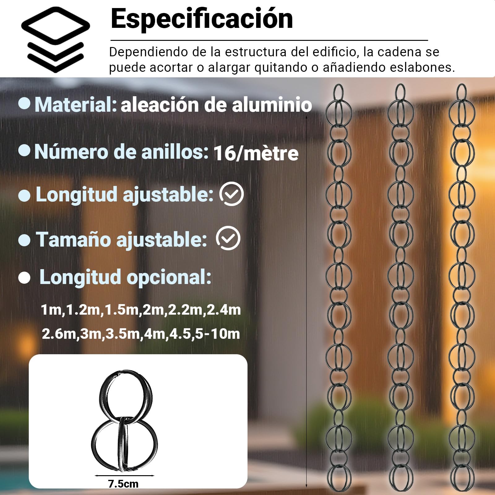 Colector de Lluvia Metálico con Cadena Guía, Función Decorativa y de Drenaje para Balcón y Patio, Reemplazo para Bajantes de Techo 6m(19.7ft)