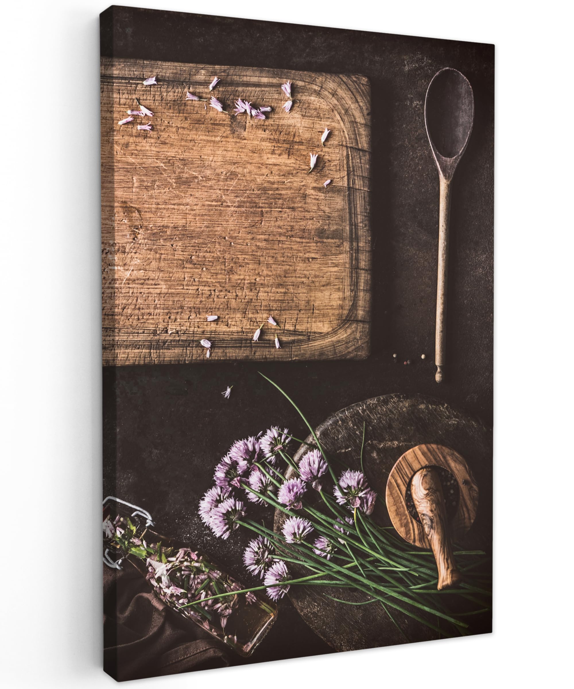 MuchoWow© Wandbilder 60x90 cm Schlafzimmer Home Deko Wohnung Bild Wohnzimmer Fotoleinwand Wand Bilder Leinwand Wall Decor Küche - Schneidebrett - Kräuter - Löffel - Mörser - Schnittlauch