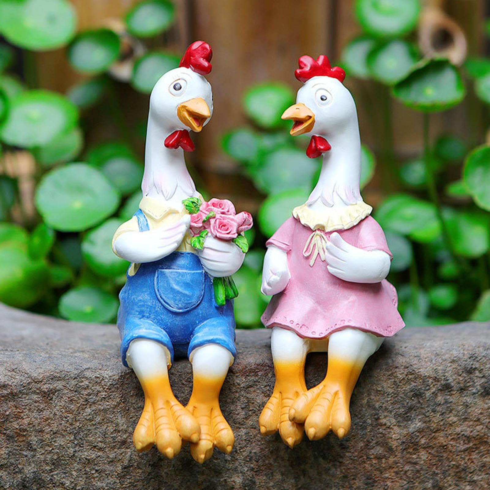 Estatuas de jardín de pollos para parejas, escultura de pollo sentado de resina para el salpicadero del coche y el patio, estatua decorativa de los amantes de los pollos de dibujos animados para el | resina para el salpicadero del coche y el patio, estatu