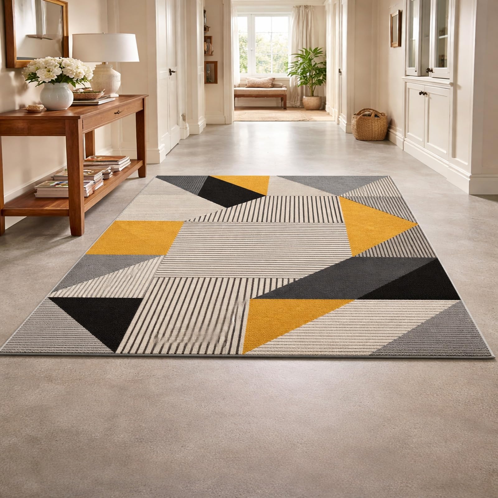 Tapis Decoration pour Table Basse Salon, Meubles Cuisine, Tapis Facile à Nettoyer,Moderne, géométrique, Jaune, Noir, Gris, Blanc, 140 x 180 cm