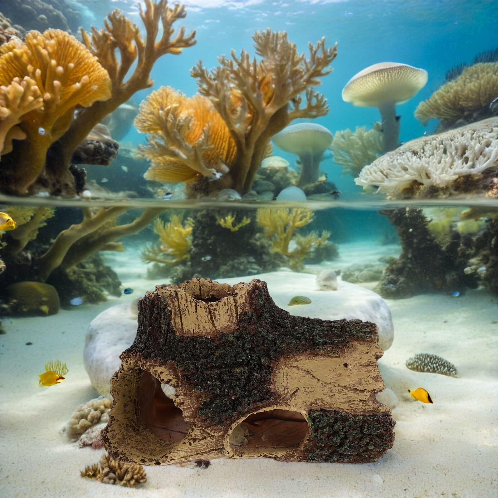 Hemobllo Decorazione Acquario Ceppo Albero in Resina Caverna | Radice Finta per Vasca, Nascondiglio per Gamberi e Tartarughe, Arredo per Ambienti Acquatici