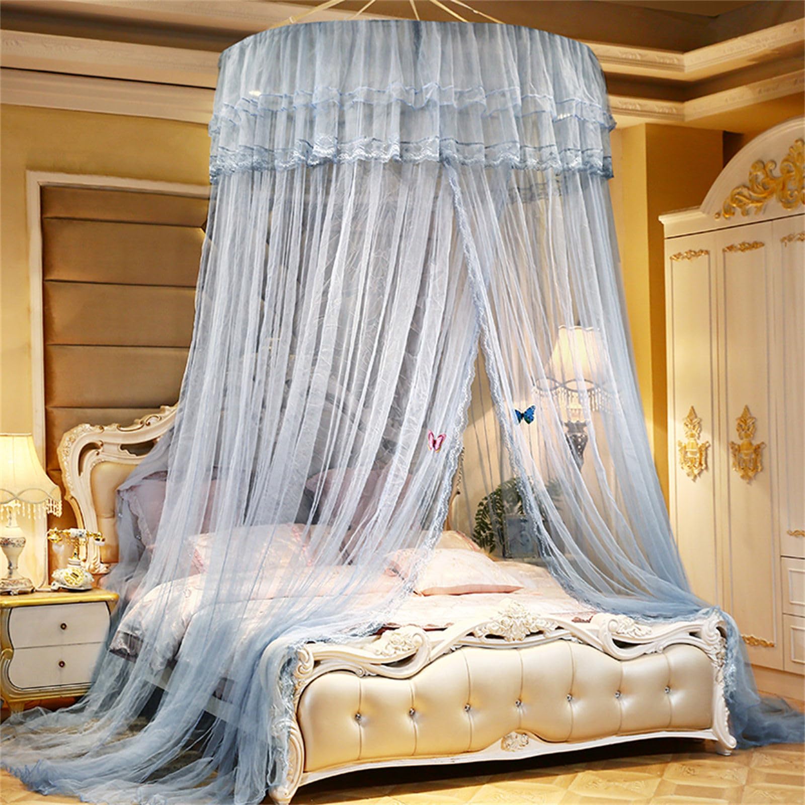 ENEN Lace Edge Bed Canopy Mosquito Net,Bed Canopy Round Dome Canopy Bed Curtains Dome Hanging Bed Tent Fly Canopy Mosquito Nets for Decorations- Butterfly Ornaments Not Included (Light Grey)