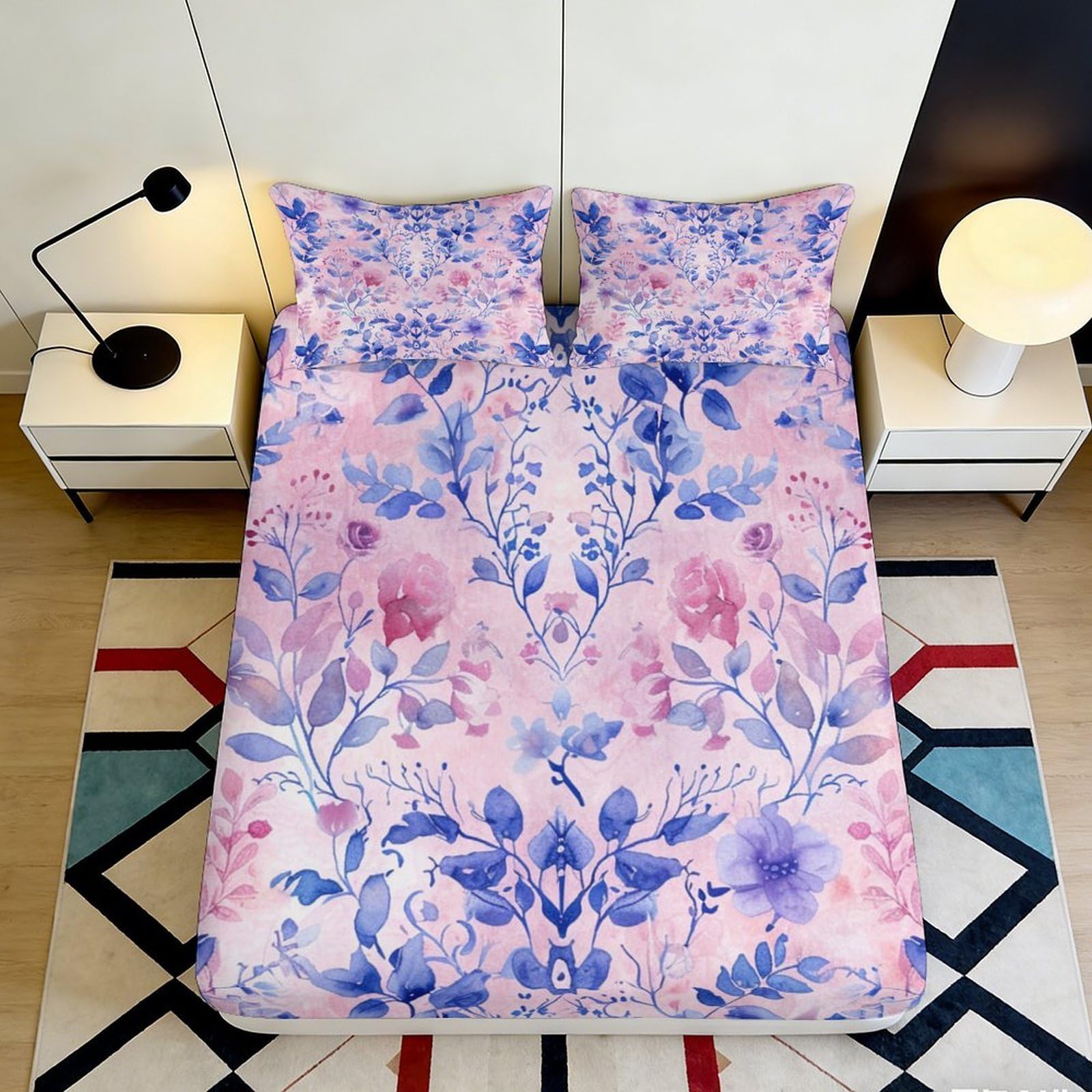 Jqzkxnhpbr Style-5 3D Printed Pink Floral Fitted Sheet Microfiber Soft Breathable Blue Botanical Mattress Cover For Bedroom Dorm Decor 90X200x25cm