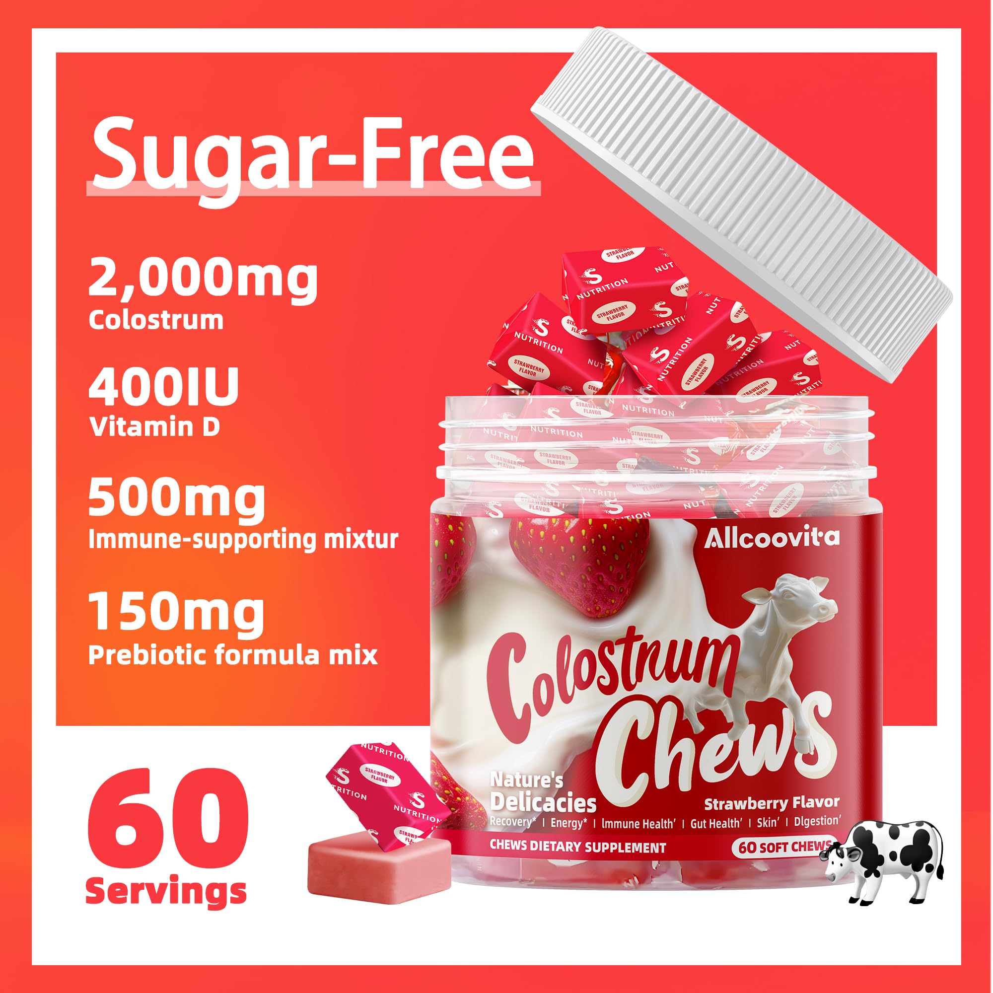 Bovine Colostrum Chews Supplement with probiotics for Gut Health, Bloating, Immune Support, Skin, Hair Growth and Beauty - Strawberry Flavor (60 Servings)