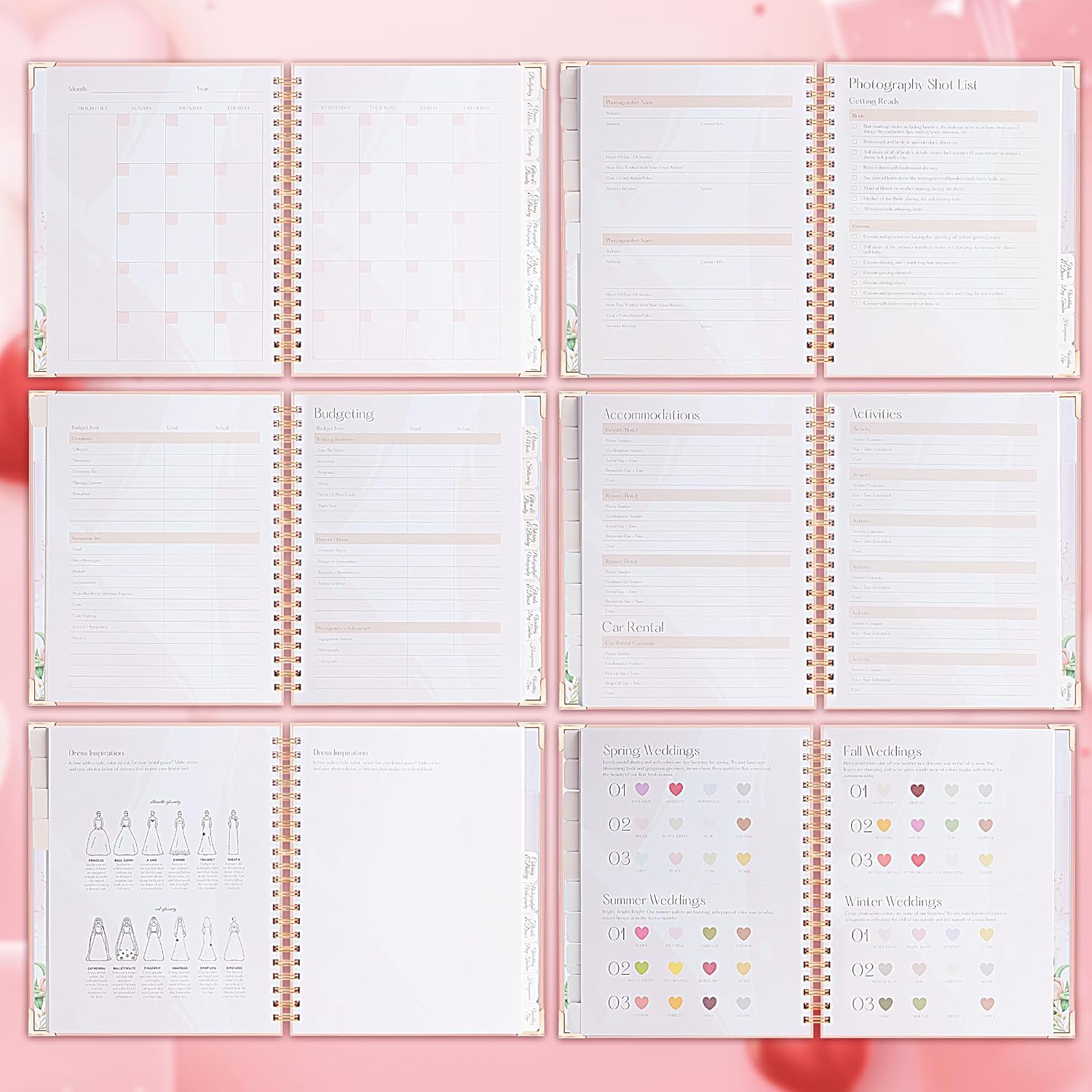 JUNART Beautiful Wedding Planner and Organizer, 11.2"×9.3" Detailed Pink Wedding Planner with Stickers, Engagement Gifts for Newly Engaged Couples, Bride and Groom