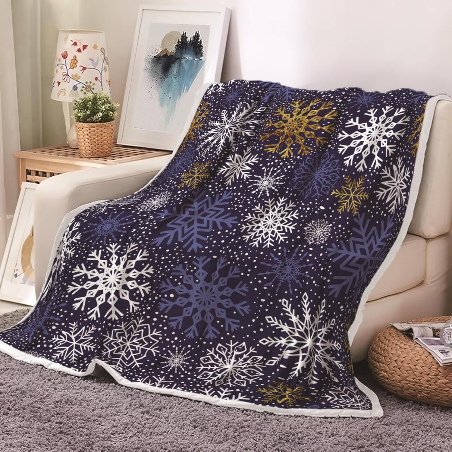 Christmas Snowflake Throw Blankets, Winter Blue White Gold Snowflakes Pattern Cute Print Soft Lightweight Flannel Blanket Decorative Kids Girls Women Teen Bed Sofa Couch Chair 60X70in