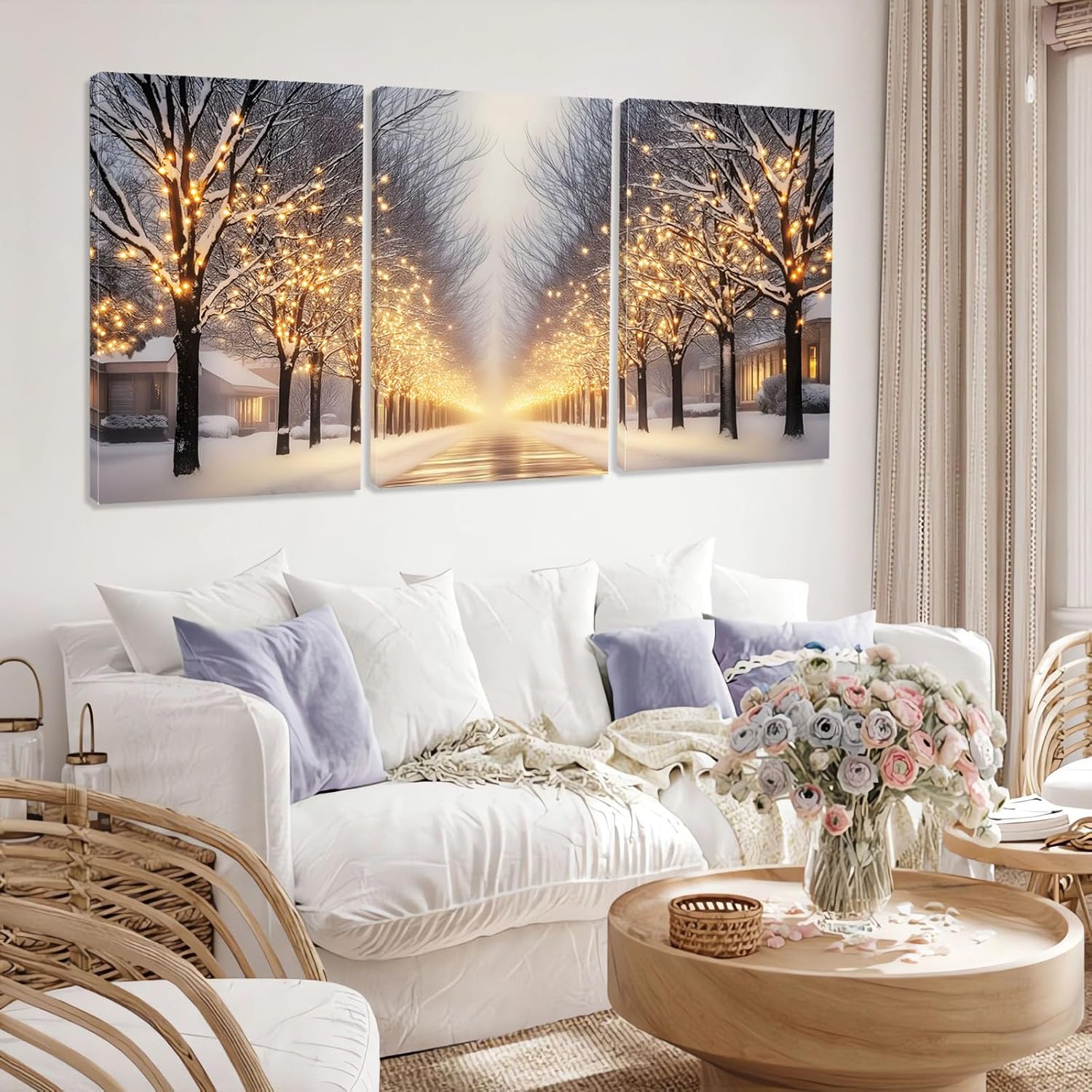 Hunanies Winter Trees Canvas Wall Art, Christmas Canvas Print, Winter Wall Decor, Snow Scene Painting Print, Merry Christmas Wall Art, Home Wall Decor (16" x 24" x 3 pcs)