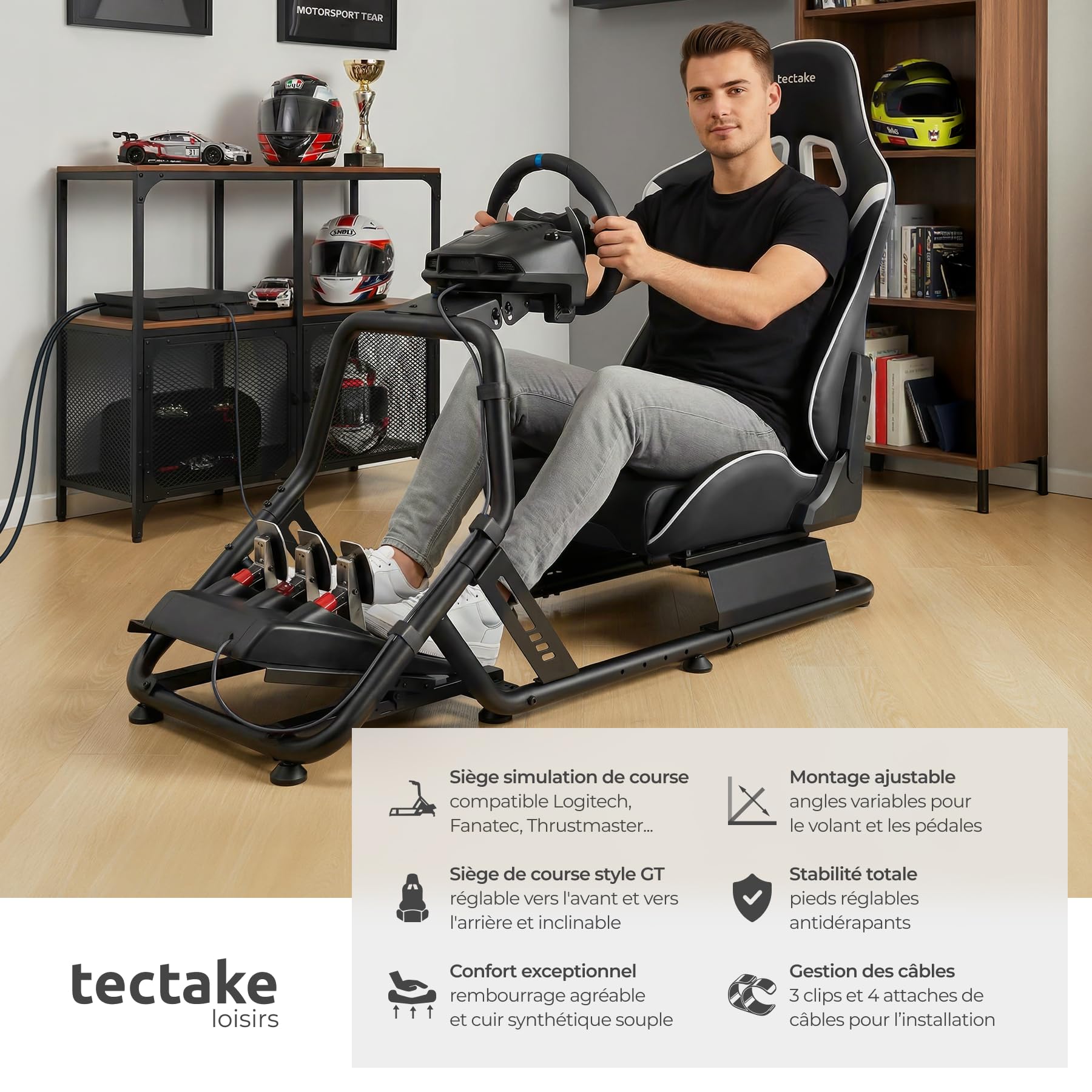 tectake® Fauteuil gaming Simulateur de conduite, 57x144x108,5 cm, Chaise Gaming baquet GT, Nombreux Réglages, Support Volant et Pédalier, Cockpit Simracing pour Volant Logitech, Thrustmaster, Fanatec