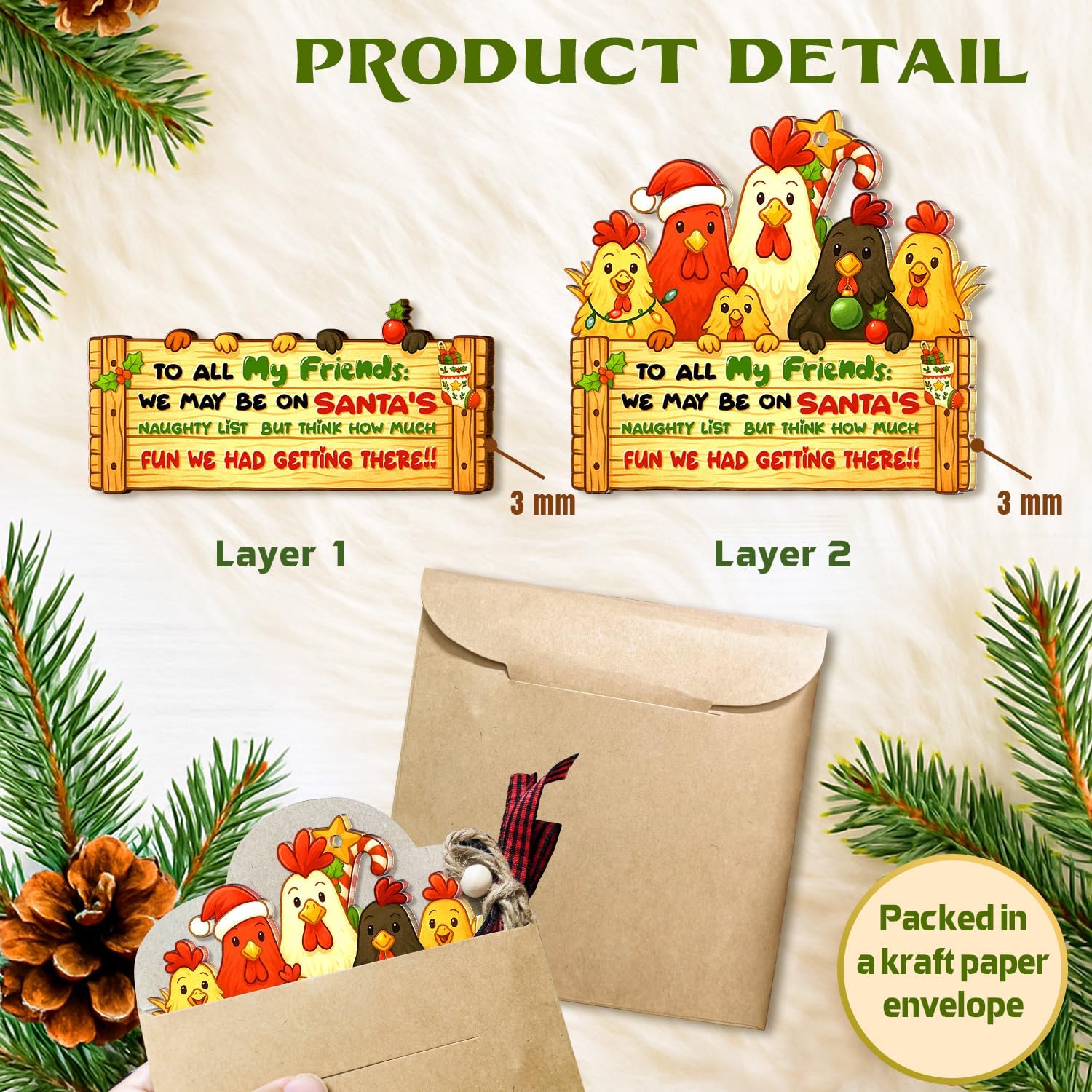 Chicken Ornament - Chicken Ornaments for Christmas Tree - Wood Acrylic 2 Layers Xmas Ornament 2025 - Chickens Gag Gifts - Gifts for Chick Lover Women, Farmers - Farmhouse Decor for Animal Lovers - Image 3