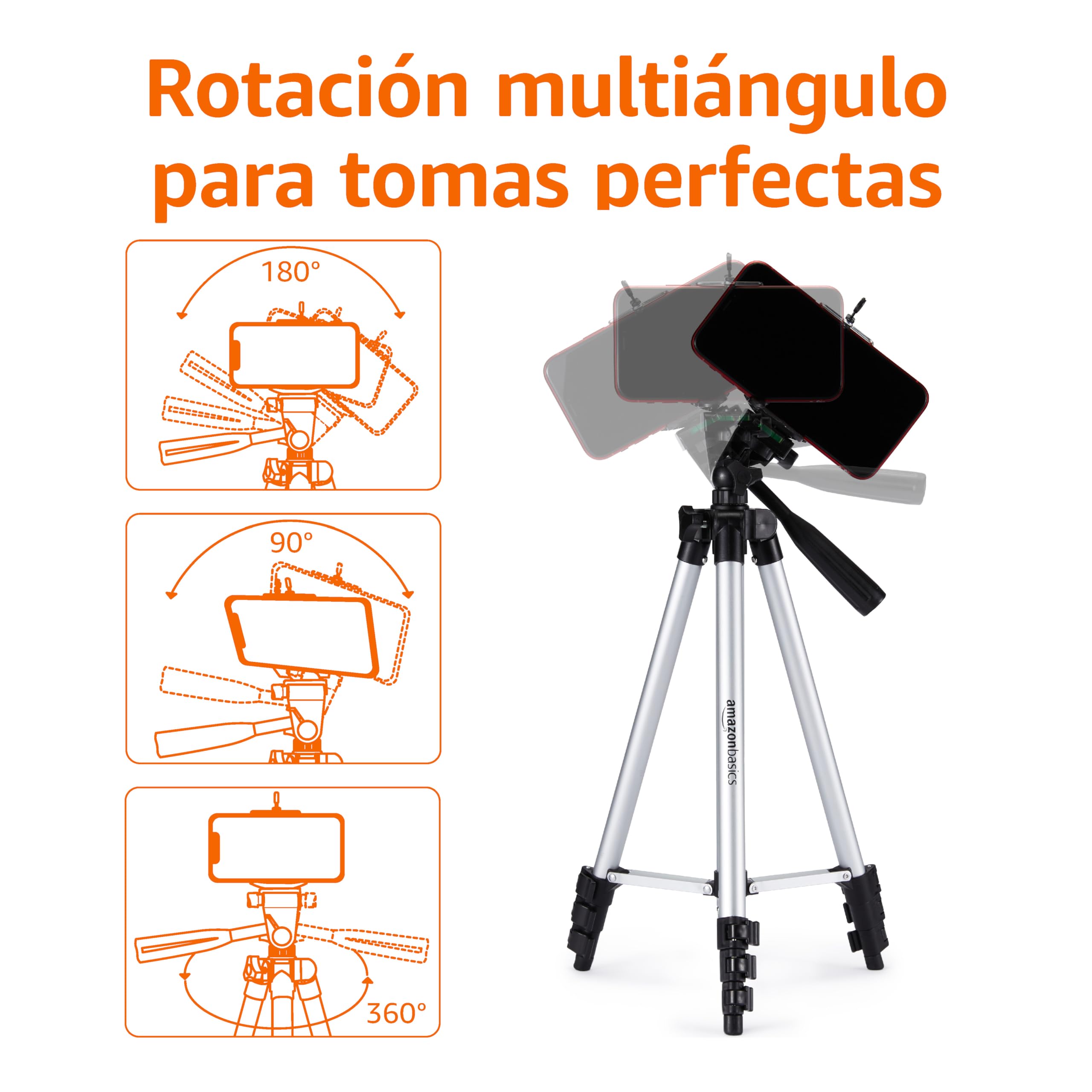 Amazon Basics Trípode Universal para Smartphone de Aluminio de 127 cm con Rotación de Tres Ejes, Negro