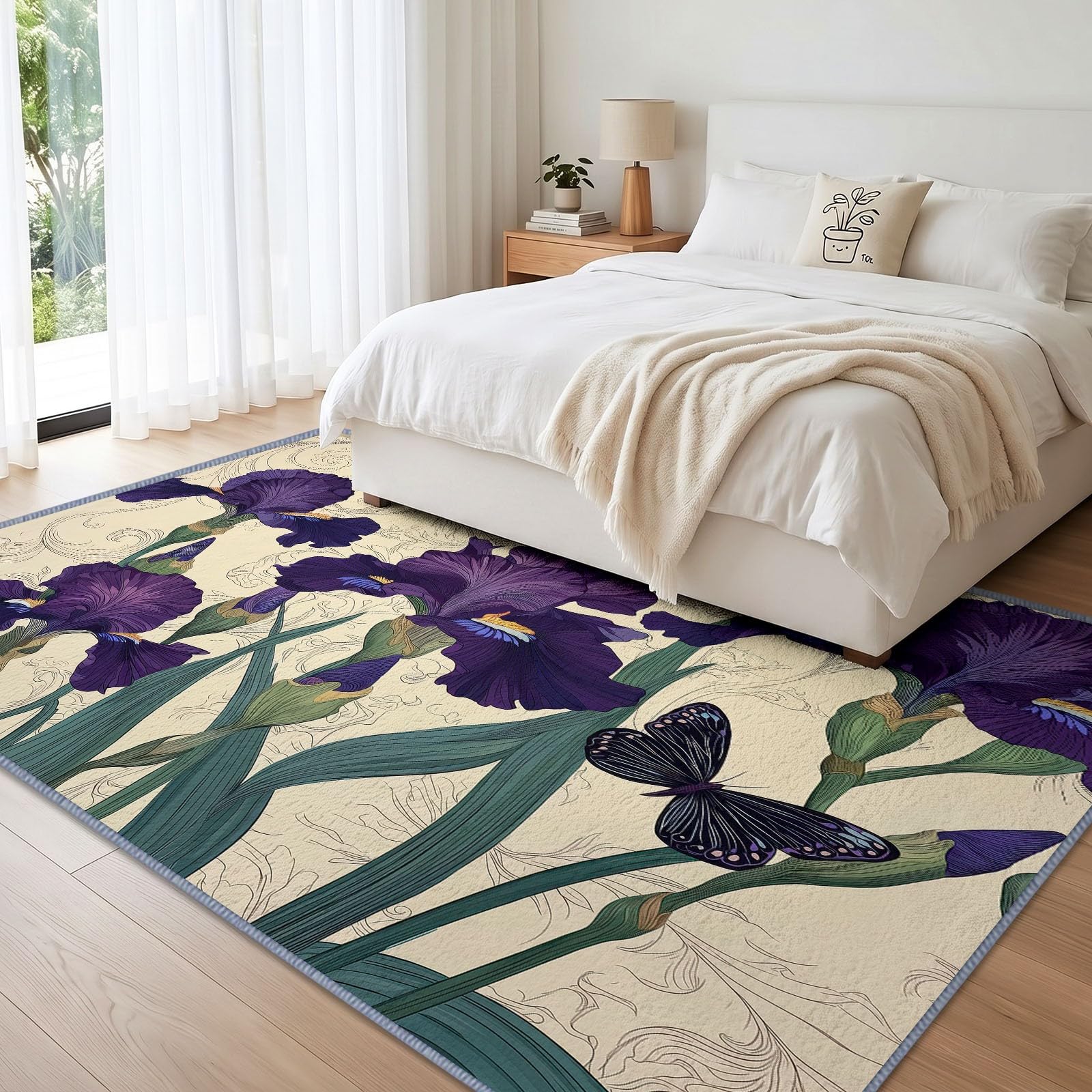Zmywalny dywan do salonu, 180 x 240 cm, francuski, botaniczny, antypoślizgowy, niski runo, irys, motyl, winorośl, duży dywan do sypialni, kuchni, jadalni, pokoju dziecięcego, przedpokoju, przedpokoju