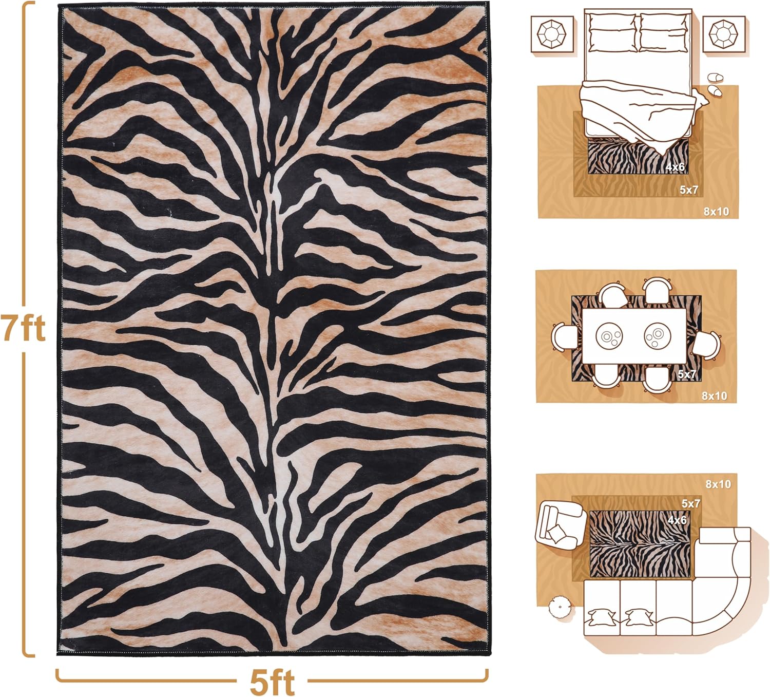 Zebra Print Rug, Brown Area Rug 5x7 Feet Zebra Rugs for Living Room Animal Rugs Carpet Animal Tiger Print Rug Black and Gold