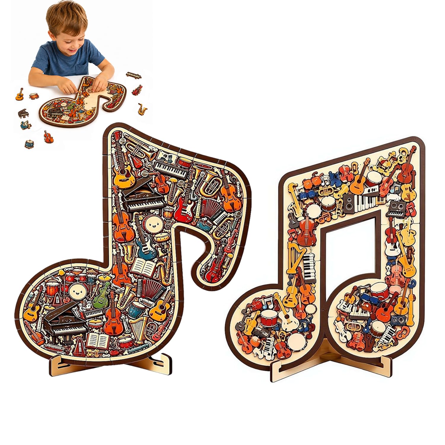 Musical Note Instrument Wooden Puzzle with Stand Tabletop 3D Music Notes 73piece Jigsaw Ornament for Home Studio Decoration 68piece Desktop Puzzles Decor for Birthday Christmas Teachers' Day (2 Sets)