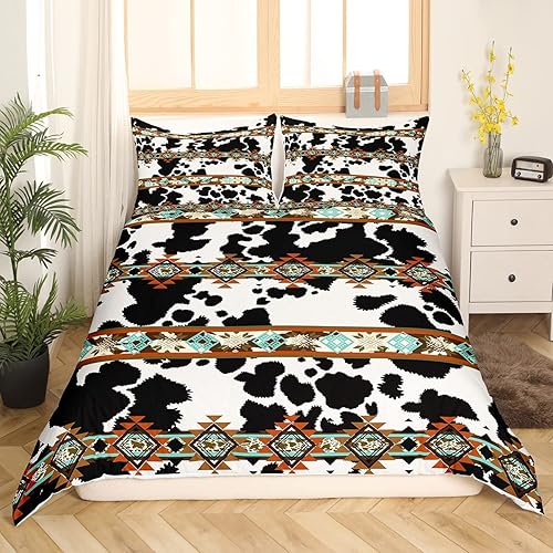 Miniatura 3 de Juego de funda de edredón de piel de vaca, tamaño King, color blanco y negro con estampado de vaca de las tierras altas, juego de cama exótico