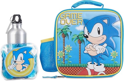 AI ACCESSORY INNOVATIONS Juego de lonchera Sonic para niños y niñas, botella de agua de acero inoxidable con clip de mosquetón y bolsa de hielo,