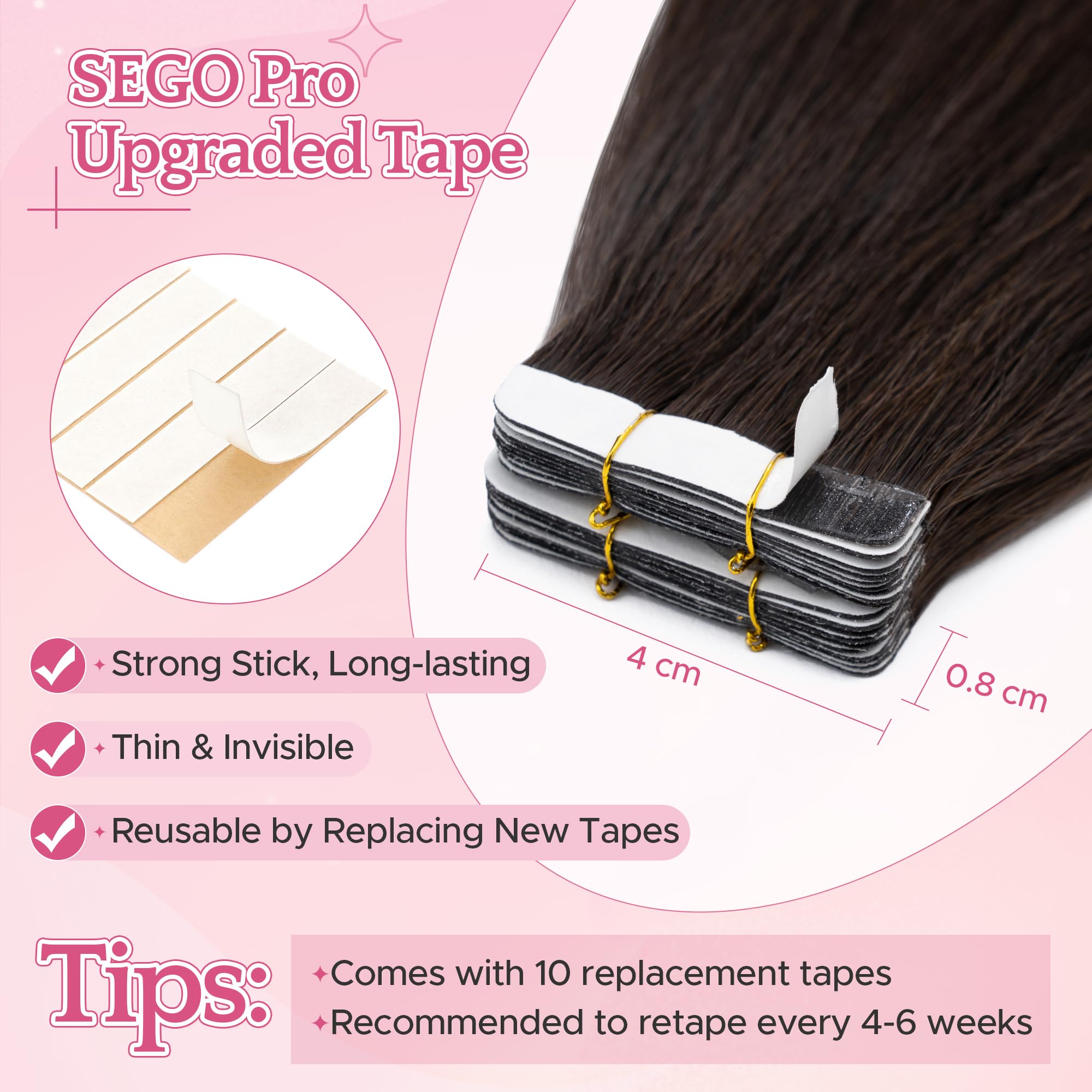 SEGO Pro Tape in Hair Extensions Real Human Hair 18 Inch 10 Pcs 15g Invisible Seamless Straight Tape Extensions for Women #02 Dark Brown - Image 4
