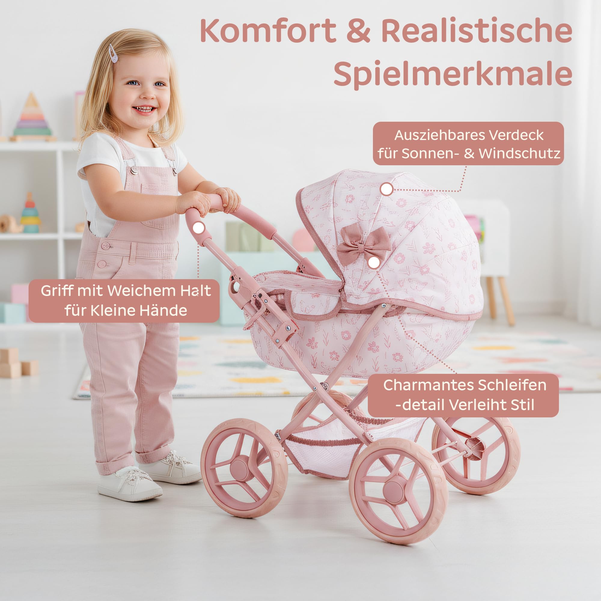 Kinderplay Puppenwagen für Mädchen ab 3 Jahren, tiefer Puppen Kinderwagen mit Babywanne, faltbar mit Schaumstoffrädern, verstellbares Dach, Puppenwagen mit Tasche und Unterkorb