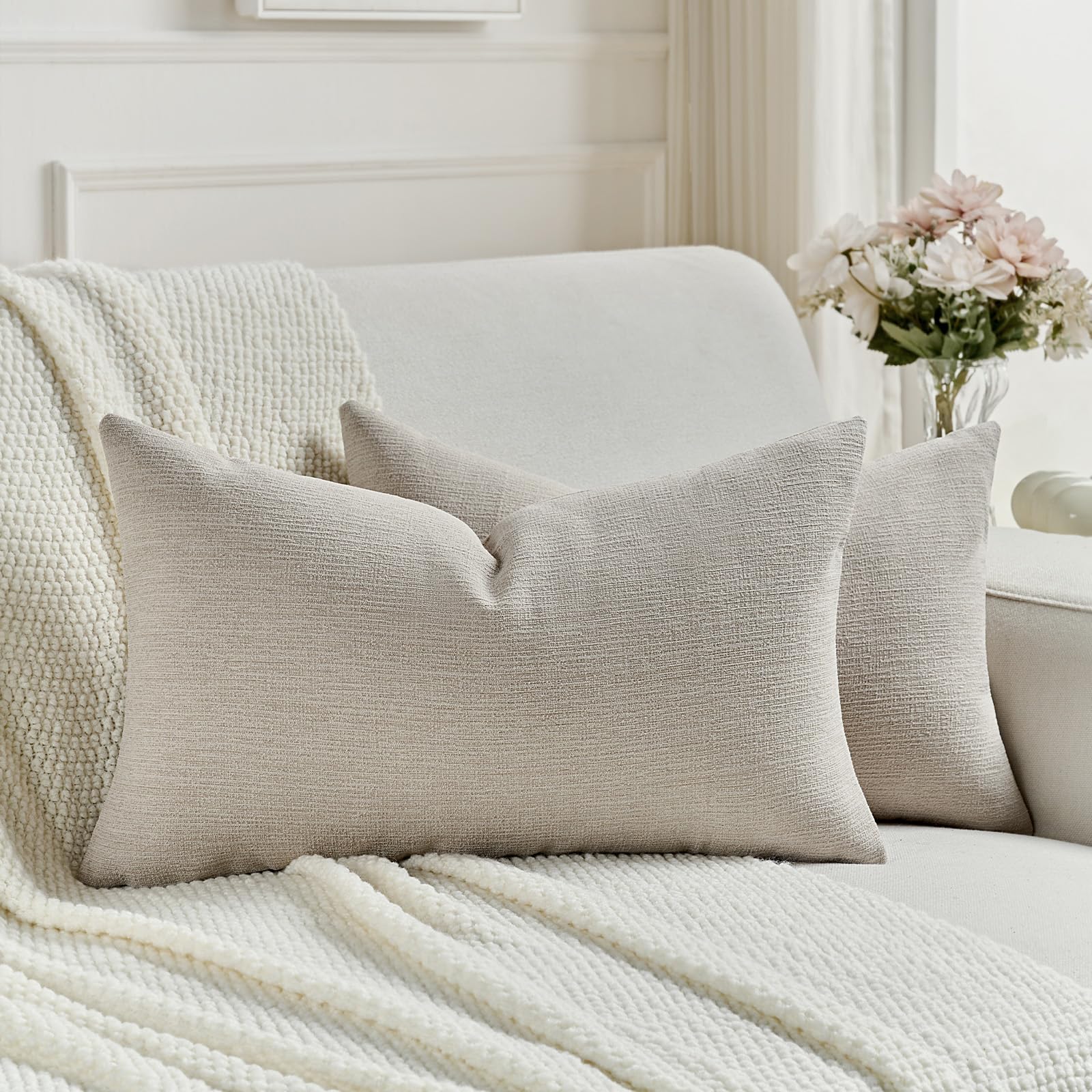 FUTEI Set of 2 Soft Chenille 30x50 cm Cushion Covers Textured Natural Faux Linen Scatter Pillowcase 30 x 50 cm Farmhouse Accent for Sofa Bedroom Living Room, Beige โ image 1