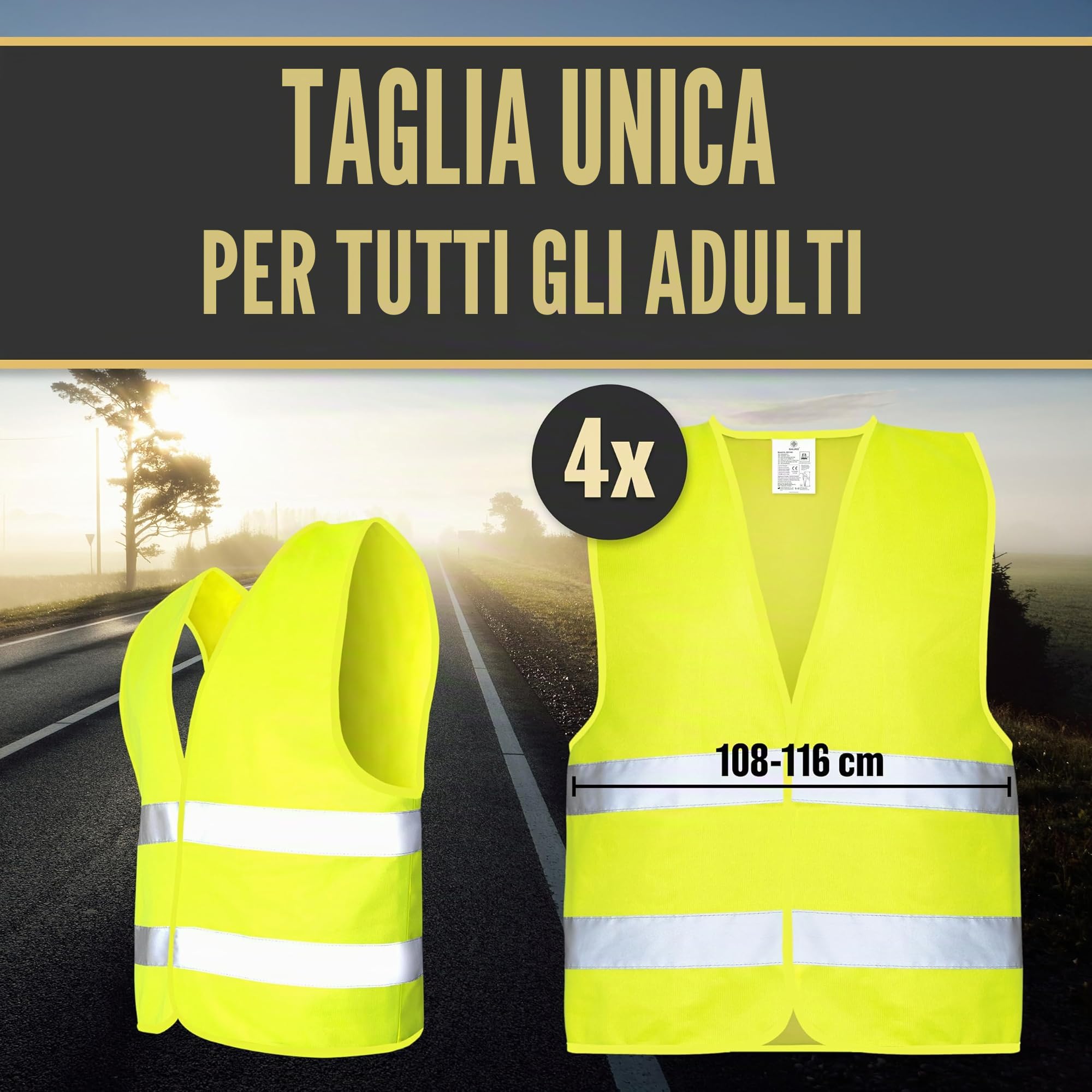 HELDENWERK Giubbotti di sicurezza per auto, set da 4 pezzi, validi in tutta Europa, secondo la norma attuale 2026 EN ISO 20471, gilet di sicurezza riflettente, per adulti