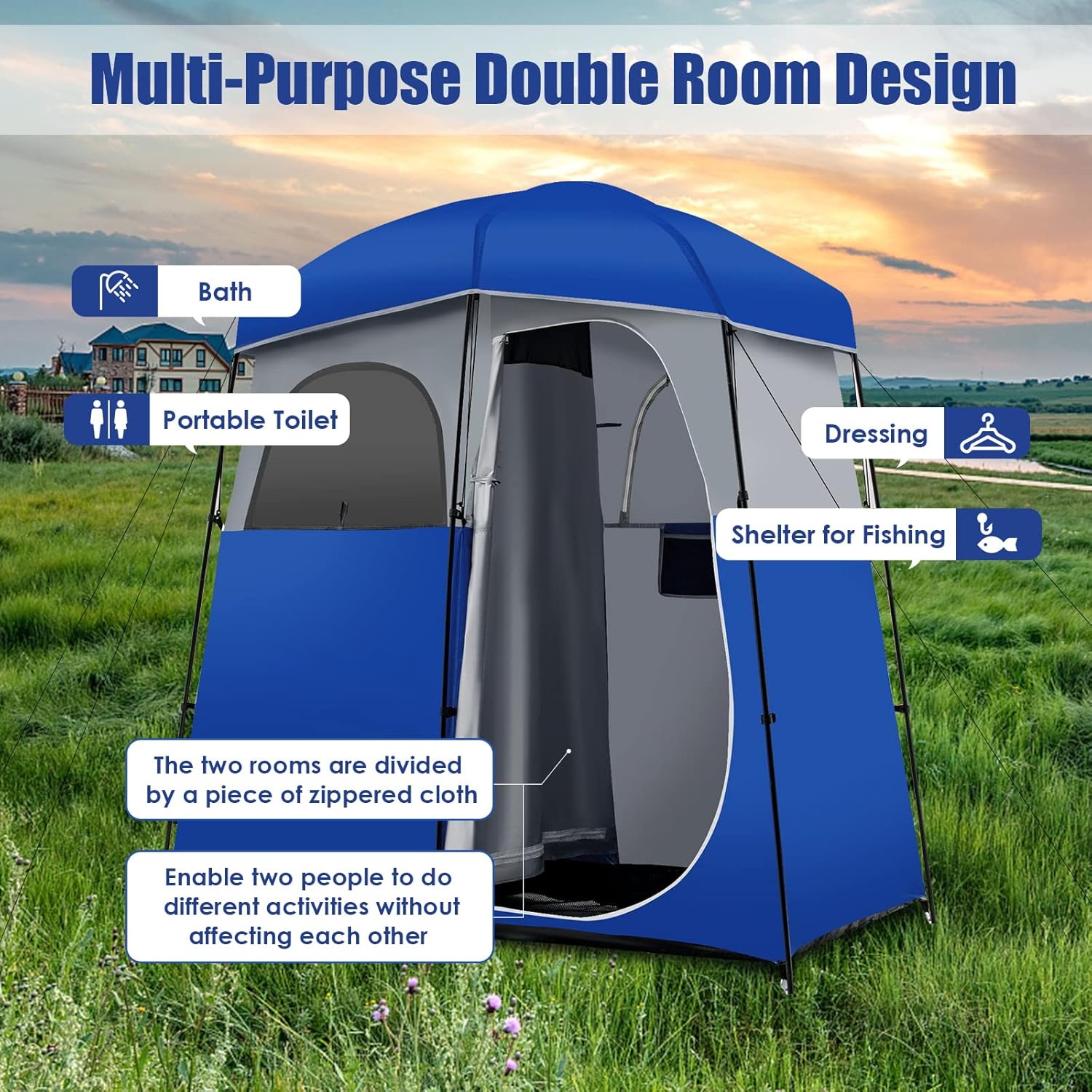 Tangkula Double-Room Shower Tent, Oversize Space Privacy Shelter for Camping with Floor, Portable Camping Changing Tent with Removable Rain Fly, Storage Bag for Dressing, Toilet
