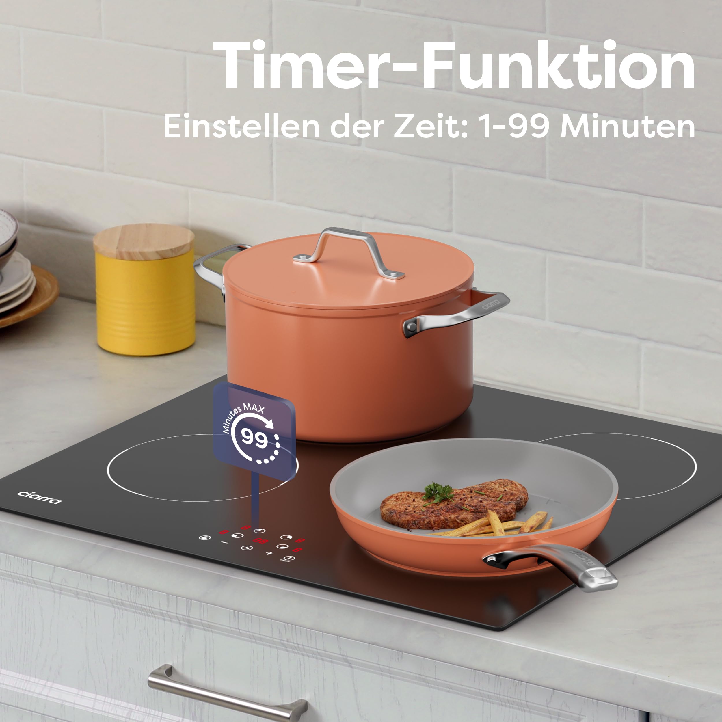 Ciarra CBBIH604-D Induktionskochfeld 60 cm 4 Zonen Einbau Touch-Bedienung | Kochfeld Induktion | 9 Leistungsstufen Timer | Kindersicherung | Abschaltautomatik | Restwärmeanzeige | Überhitzungsschutz