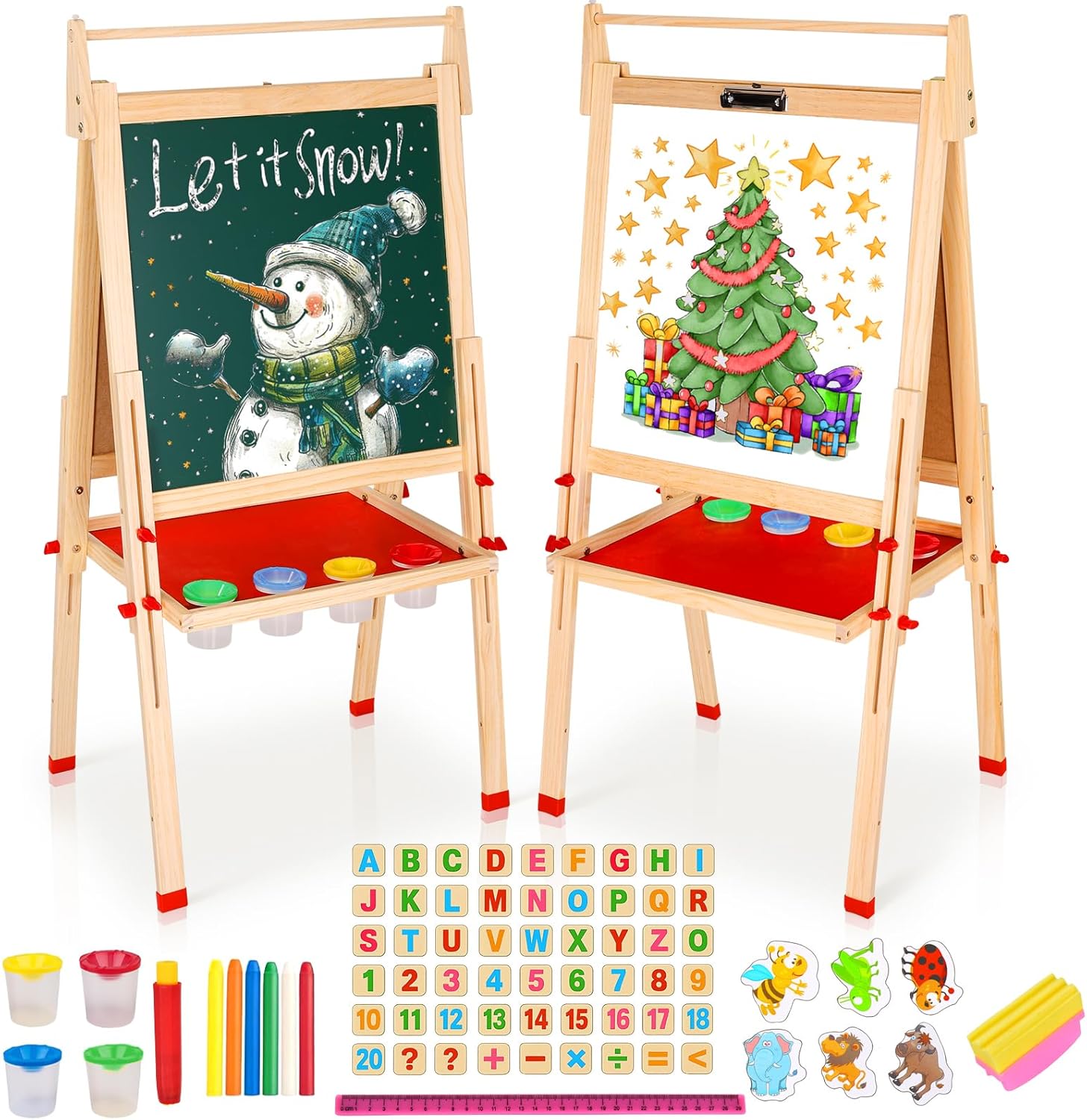 Easel for Kids, Art Easel for Kids Ages 4-8 Height Adjustable Wooden Painting Easel,Whiteboard Chalkboard with Paper Roll Holder,Letters and Numbers Magnets and Other Accessories