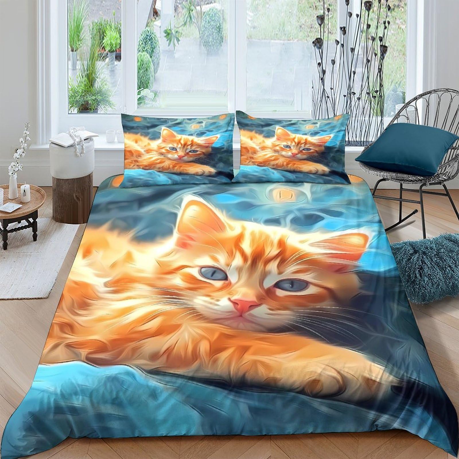 Ctjqhvkz Style-5 3D Printed Ginger Cat Fitted Sheet Microfiber Soft Blue Blanket Look Tabby Mattress Cover Bedroom Dorm Decor Single（135X200cm）