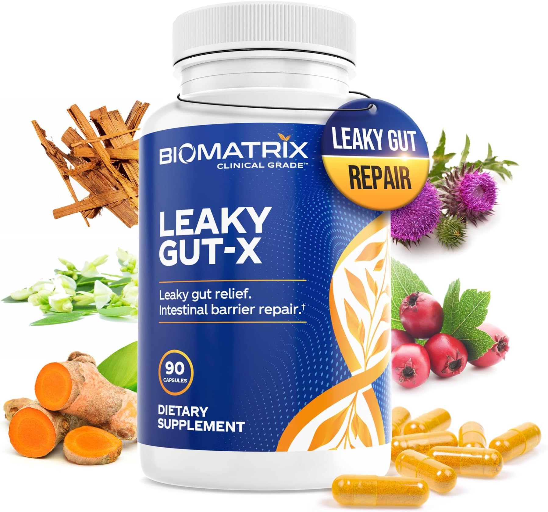 BioMatrix Leaky Gut Repair Supplement w/Glutamine, Quercetin, Cat's Claw, MSM, SIBO, Prebiotic Support, Intestinal Barrier Revive for Men and Women | 60-Day Supply – Leaky Gut-X