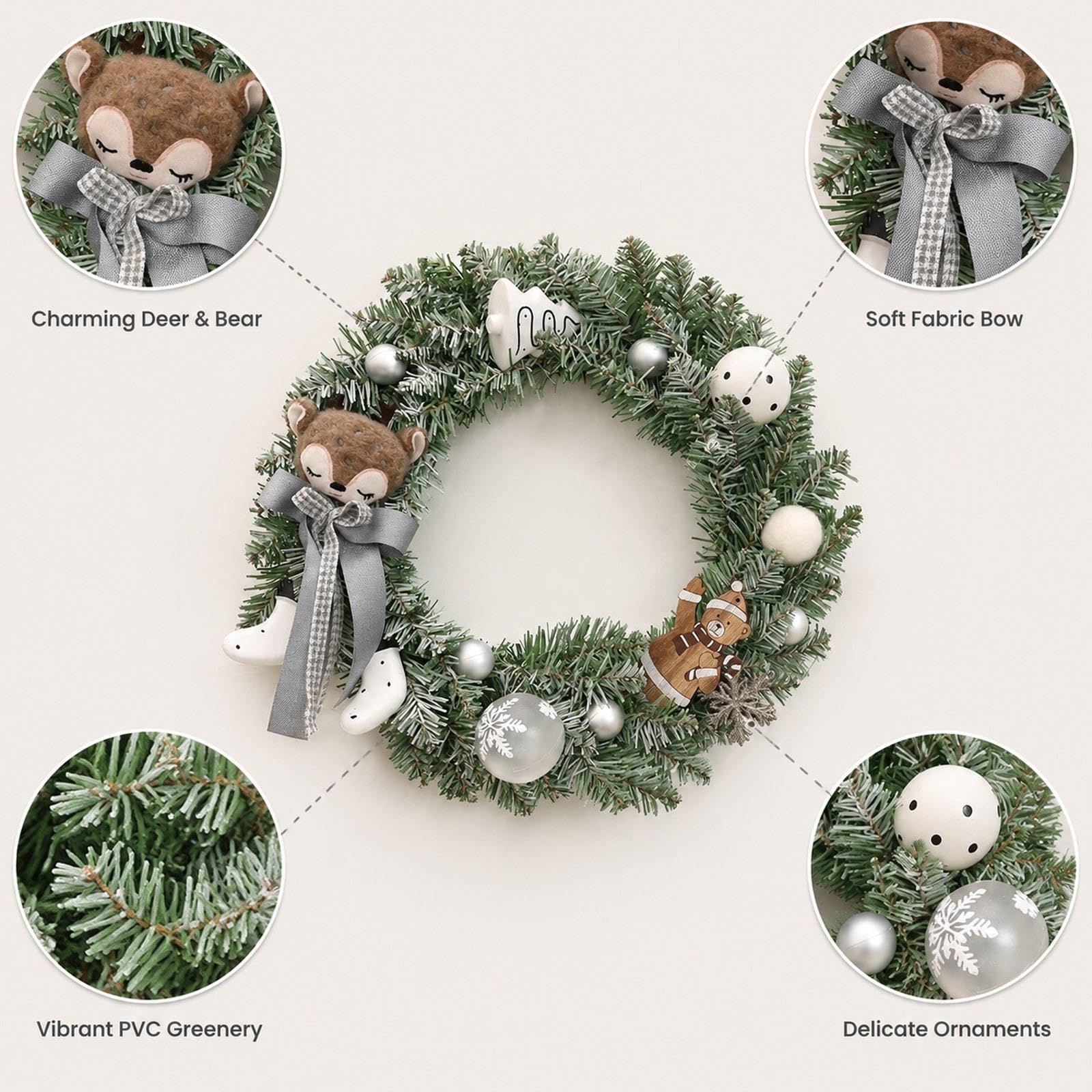 Qianly Corona de Navidad Artificial Guirnalda Adorno Y Decoración Colgante Estética Cálida de Invierno con Bayas Madera Y PP Adecuada para Puerta Recibidor S, Oso Ciervo, Individual