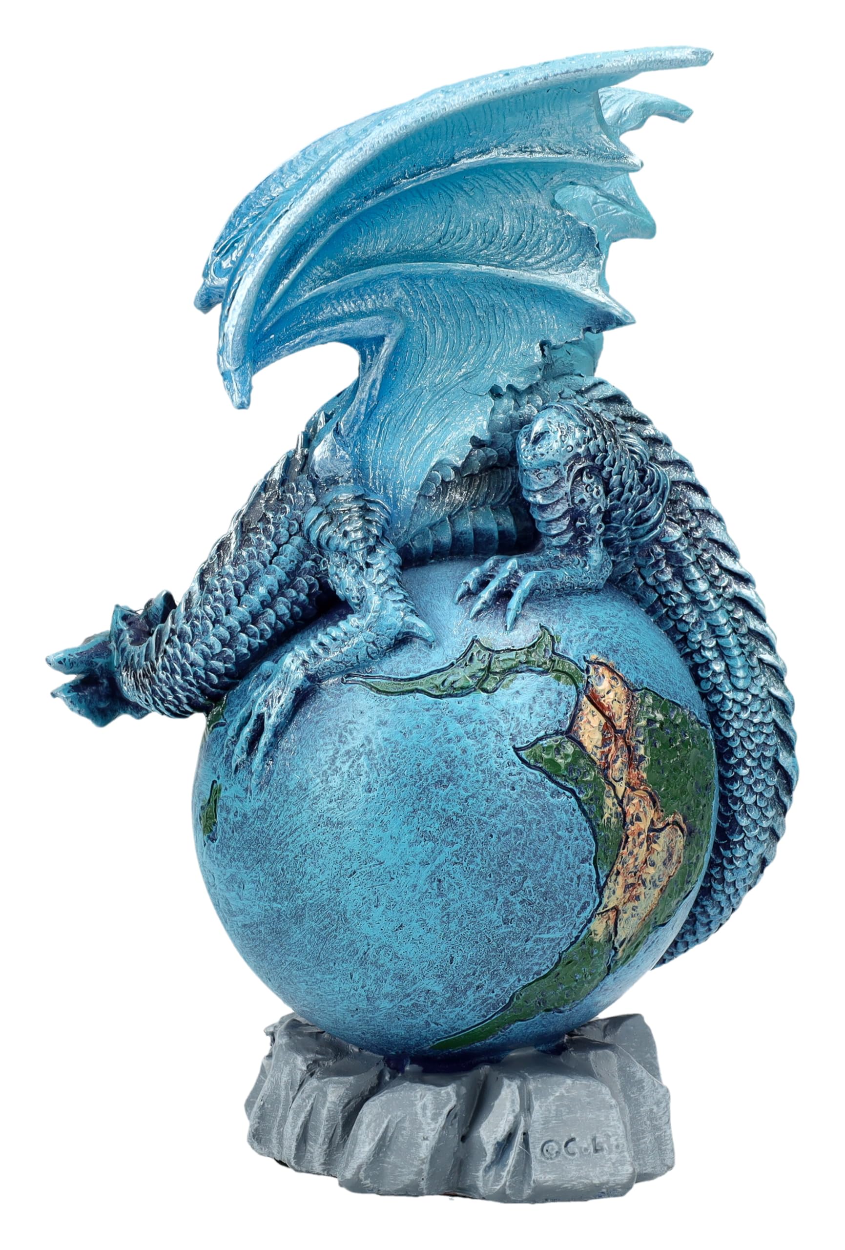 Figuren Shop GmbH Drachenfigur Blauer Planet – Fantasy Dekofigur mit Drache auf Erde, 14,5 cm Höhe