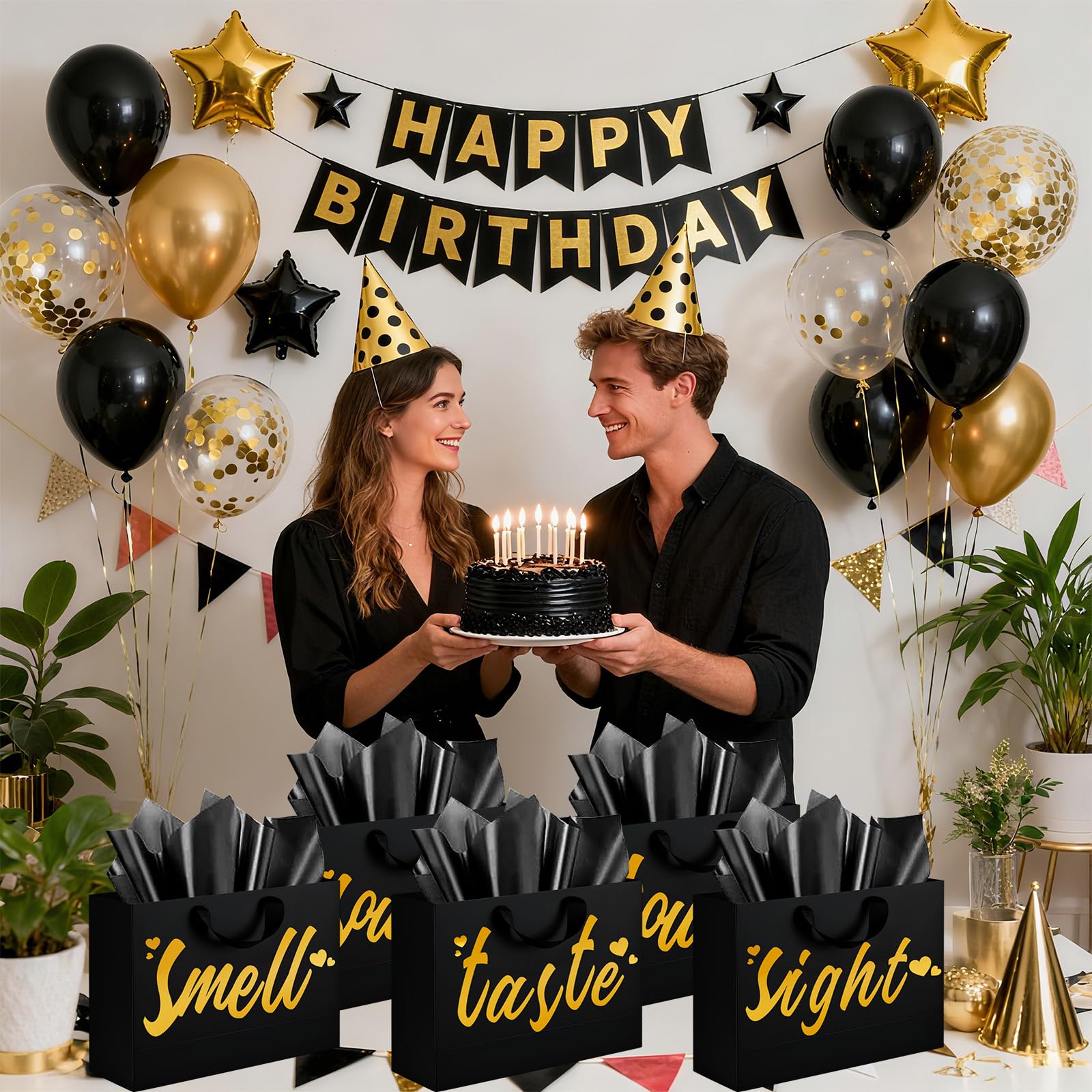 5 Senses Gift Bags for Him with Labels - Five Senses Birthday Party Decorations,Tissue Paper Rose Petals and Happy Birthday Banner Balloons for Husband Boyfriend Party Decor(Gold Black)