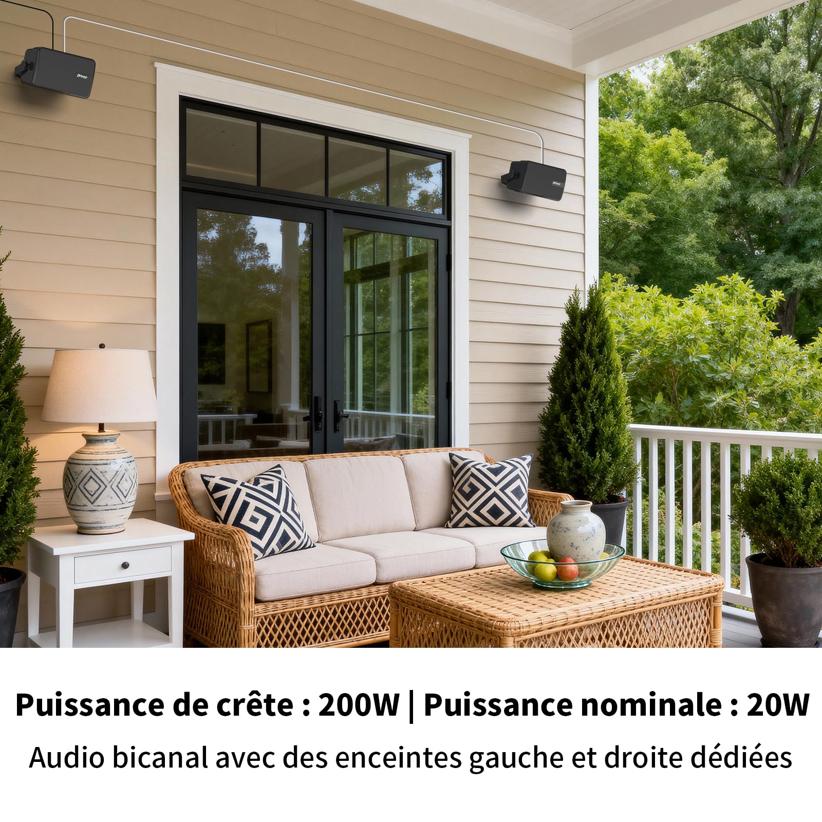Enceinte Bluetooth Extérieur, Enceinte Murale Active + Passive, Design Compact, Prise en Charge de l'Entrée Aux, Adaptée pour Terrasse, Véranda, Garage, Pack de 2 (MZ-650)