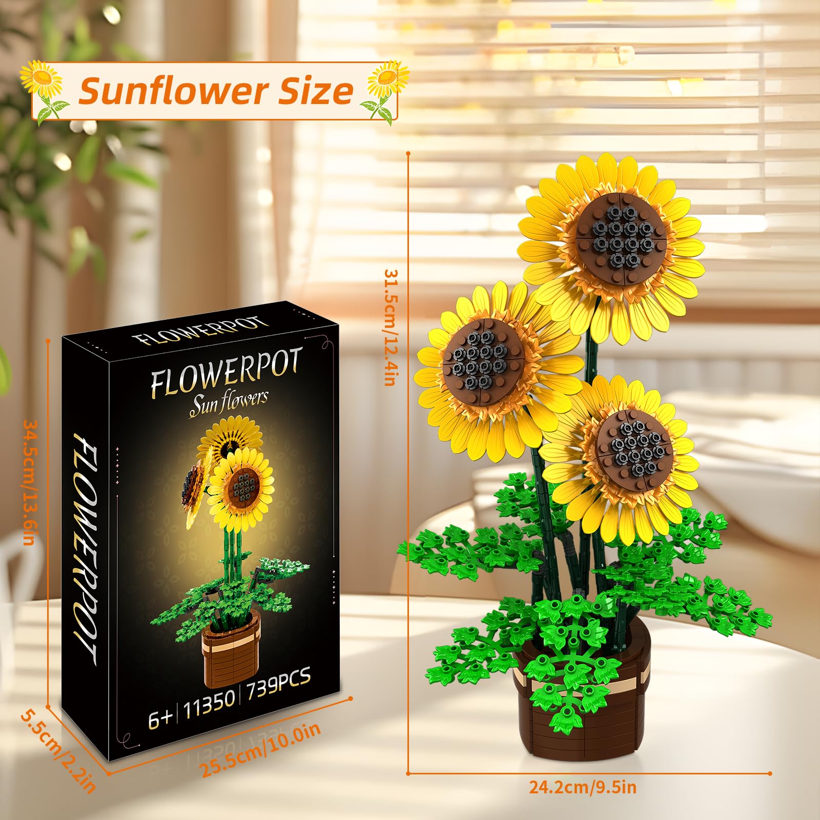 kiothdre Set Construcción Girasoles Flores con Jarrón, Kit Colección Botanical para Adultos, Ramo de Girasoles 739 Piezas, Regalo de Cumpleaños para Mujeres Adultas