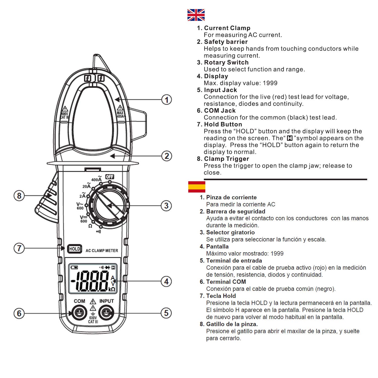 KPS-PA420 Mini Pinza Amperimétrica digital 2000 cuentas, Tensión AC/DC 600V, Corriente AC 400A, y Resistencia 2KΩ, Retención lecturas, avisador de continuidad y prueba de diodos. CAT. III 600V