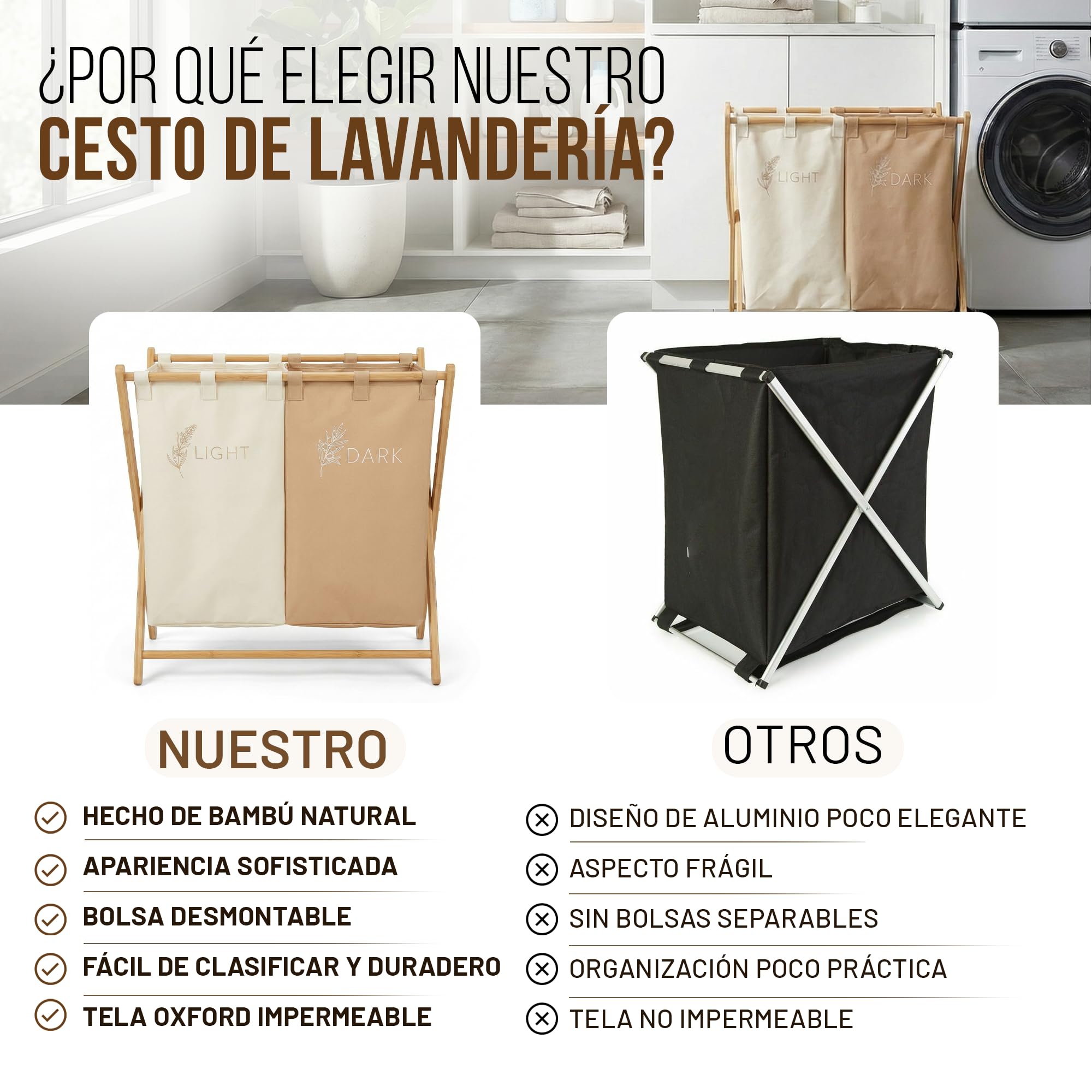 CUQUI Cesta Ropa Sucia Bambú, Cesta Ropa Sucia Dos Compartimentos XXL 155 Litros, Cesto Colada Doble Madera con Bolsas Extraíbles Lavables, Mueble Clasificador Familiar Grande para Baño