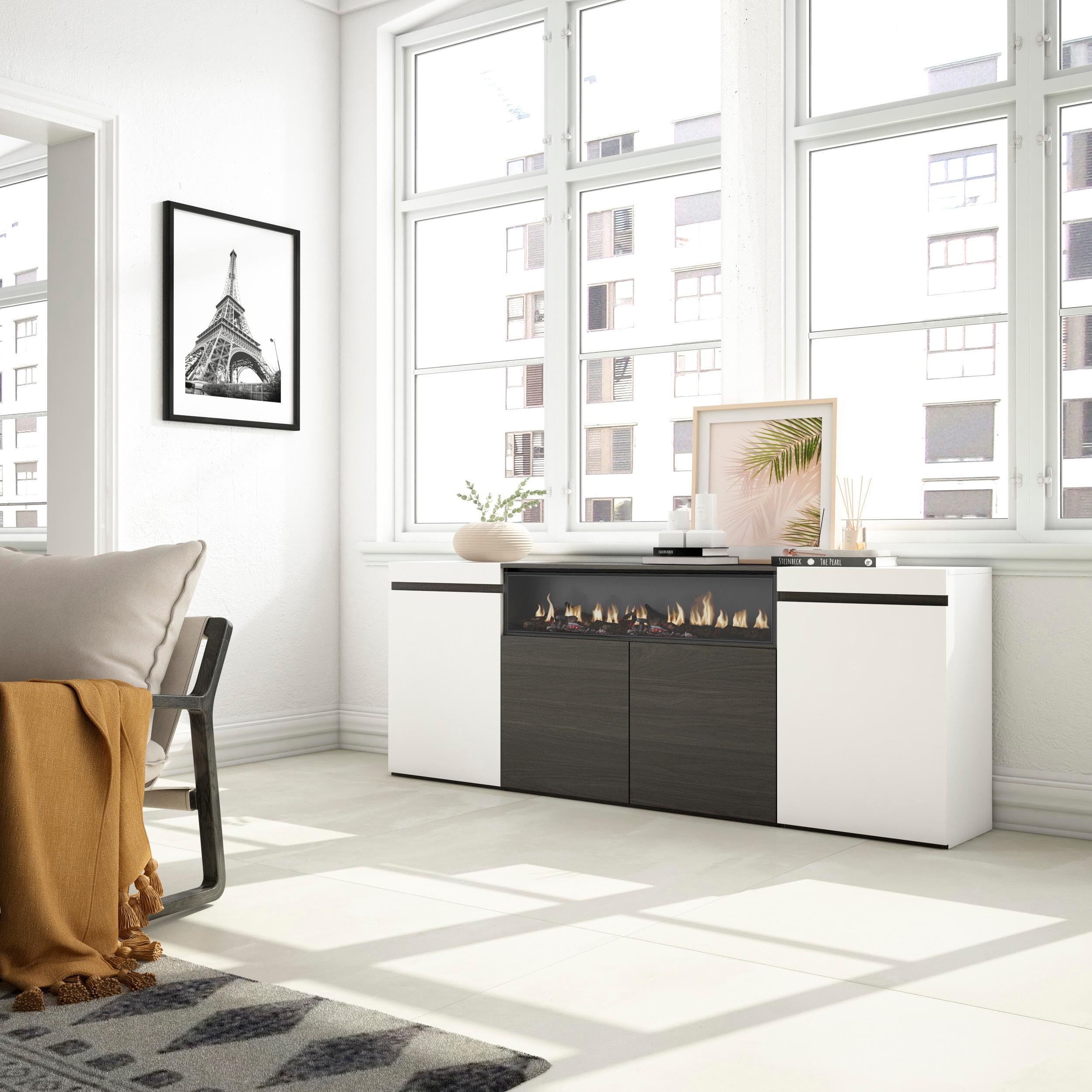 Skraut Home | Sideboard, Highboard | Kommode, Komodenschrank | 200x75x35cm | 4 Türen | Elektrokamin. Maße | Moderner Stil | Weiß und Schwarz