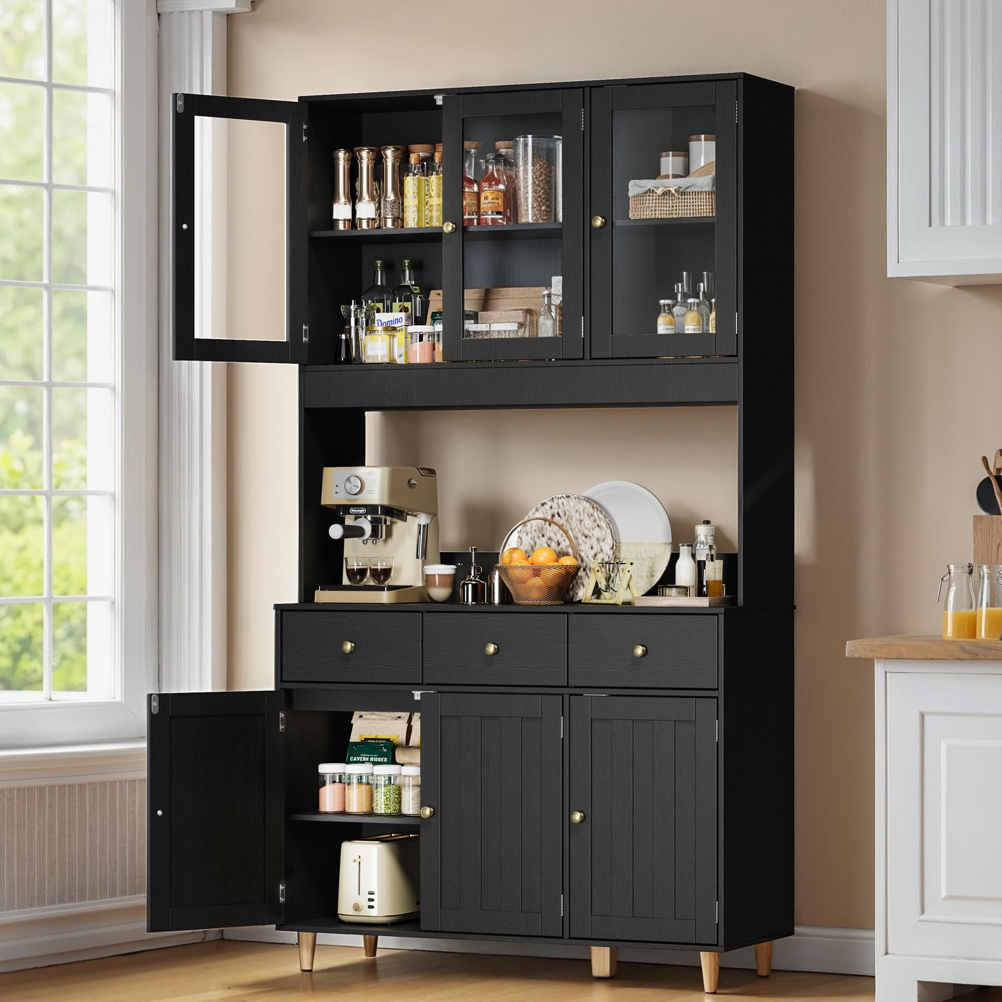 Vaisselier, Armoire de Cuisine Haute avec LED, Buffet avec 6 Portes et 3 Tiroirs,Vaisselier Vitrine avec des Portes d'armoire Transparentes,pour Le Salon et la Cuisine,180×38×180cm, Noir