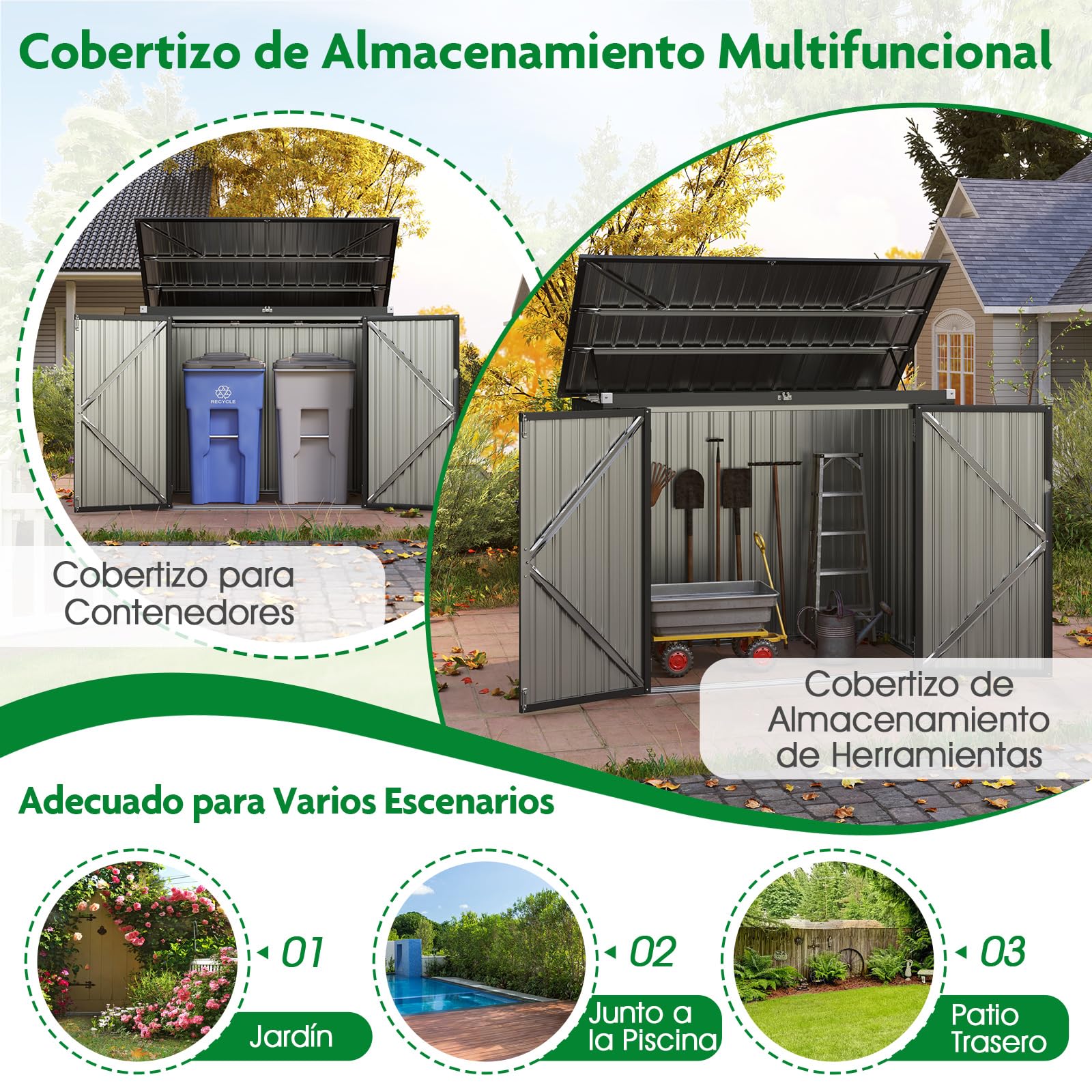 COSTWAY Caseta Jardin Exterior 1,5 ㎡, 2260L, 172x95,5x130 cm, Cobertizo Jardin Exterior, Tapa Abatible y 2 Puertas con Cerradura, Metal, Pistones de Gas, Techo Inlinado, Contenedores de Basura (Gris)