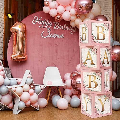 Miniatura 5 de Sabary Cajas de bebé con letras rústicas florales rosadas para baby shower, caja de bloques para fiesta de cumpleaños, revelación de género,