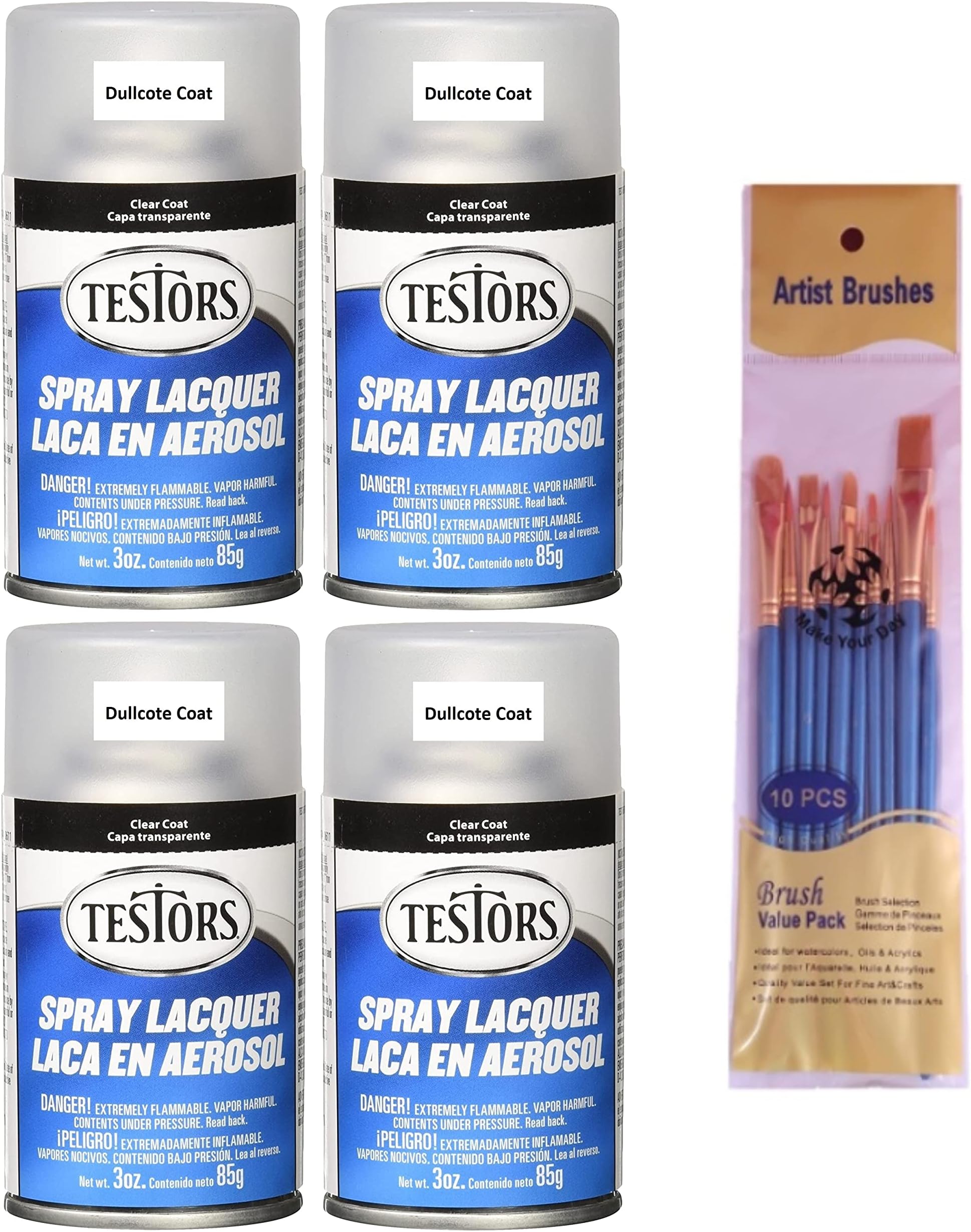 Testors TES1260 Dullcote Spray Enamel 3oz, Clear Coat (Pack of 4) - with Make Your Day Paint Brush Set