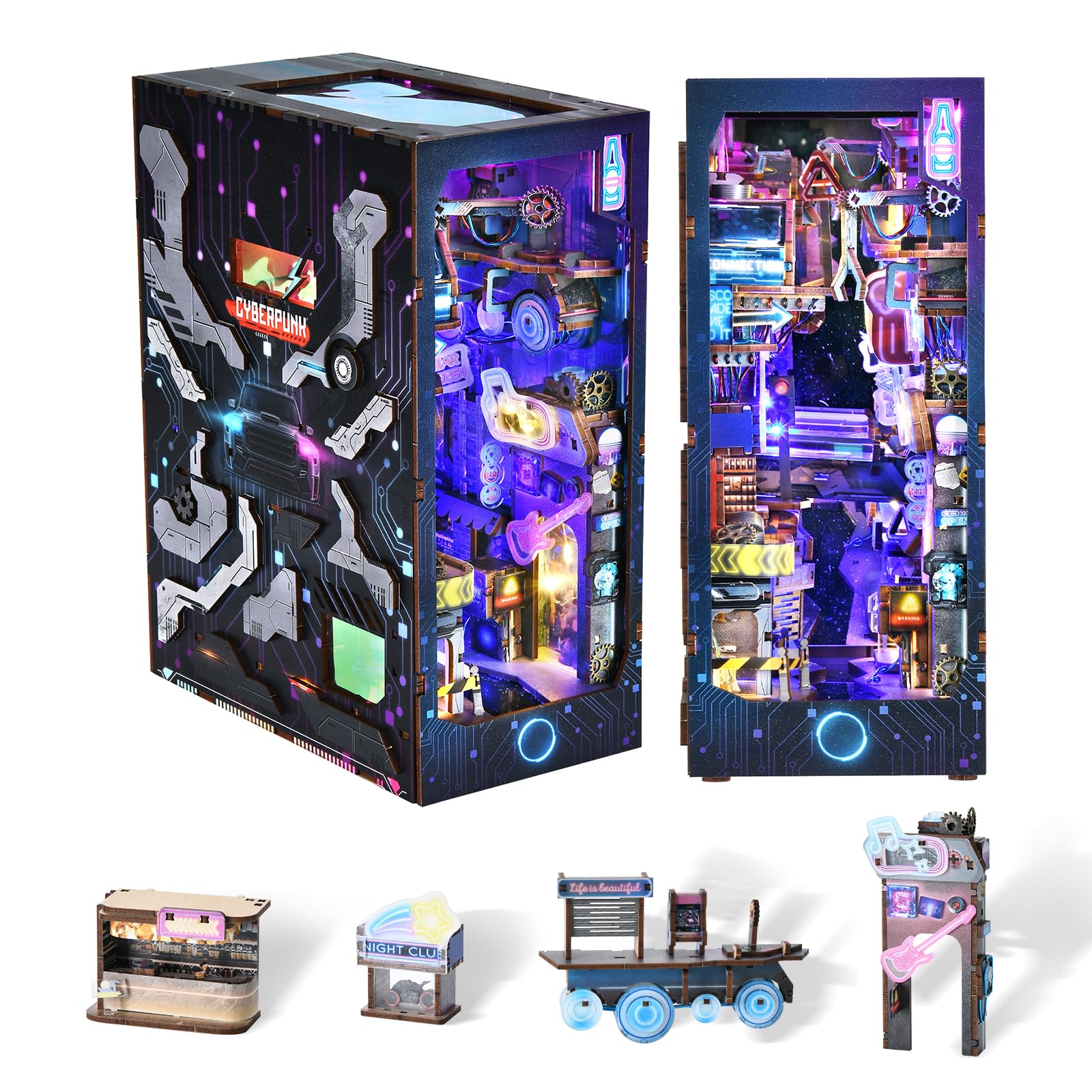 MiniCity, Book Nook Kit, Kit fai da te per casa delle bambolo in miniatura, puzzle in legno 3D, con inserto decorativo con luce LED per ragazzi e adulti, tema dimensioni infinite