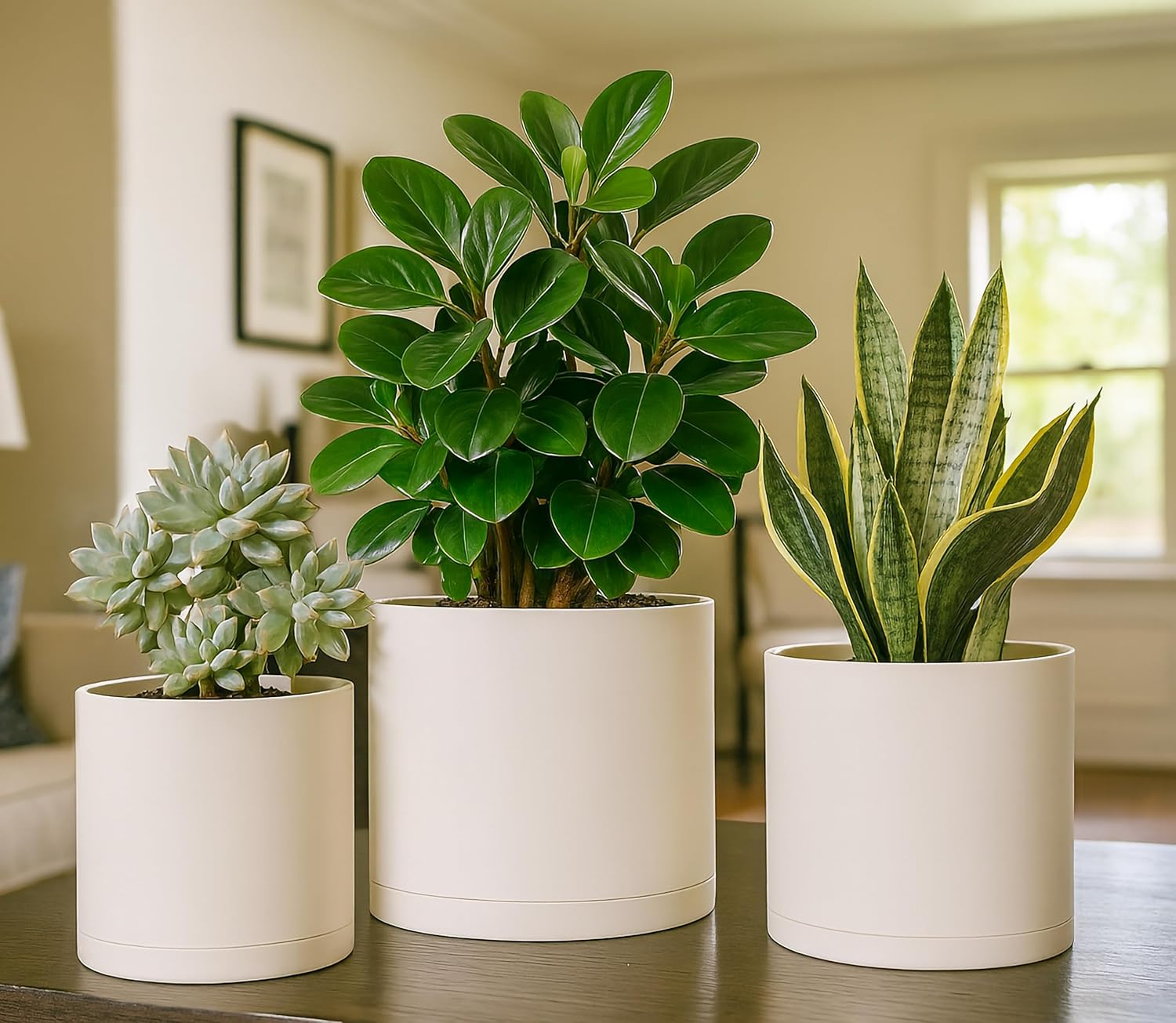 D'vine Dev 6 Inch 6.5 Inch 8 Inch, Set of 3 Plastic Planter Pots for Plants with Drainage Hole and Seamless Saucers, Oatmeal, Medium, 74-V-H-3