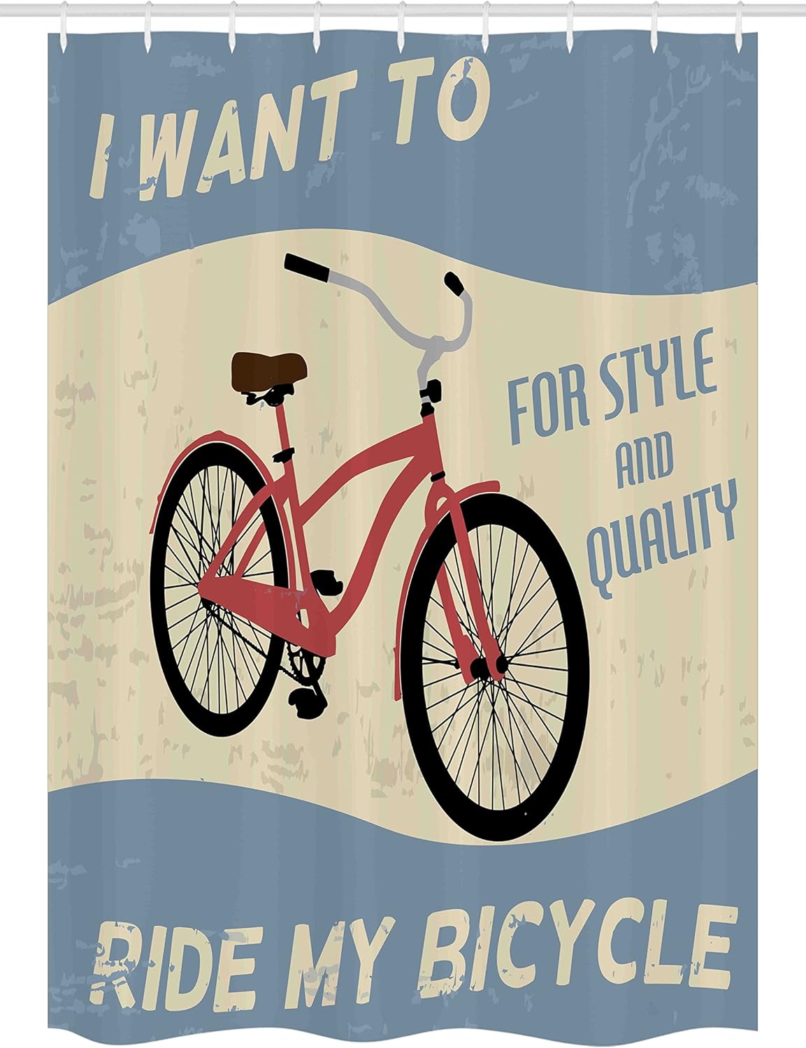 Ambesonne 1960s Shower Curtain, I Want to Ride My Bicycle for Style and Quality Joy Vintage Poster Art, Cloth Fabric Bathroom Decor Set with Hooks, 69" W x 84" L, Purple Grey