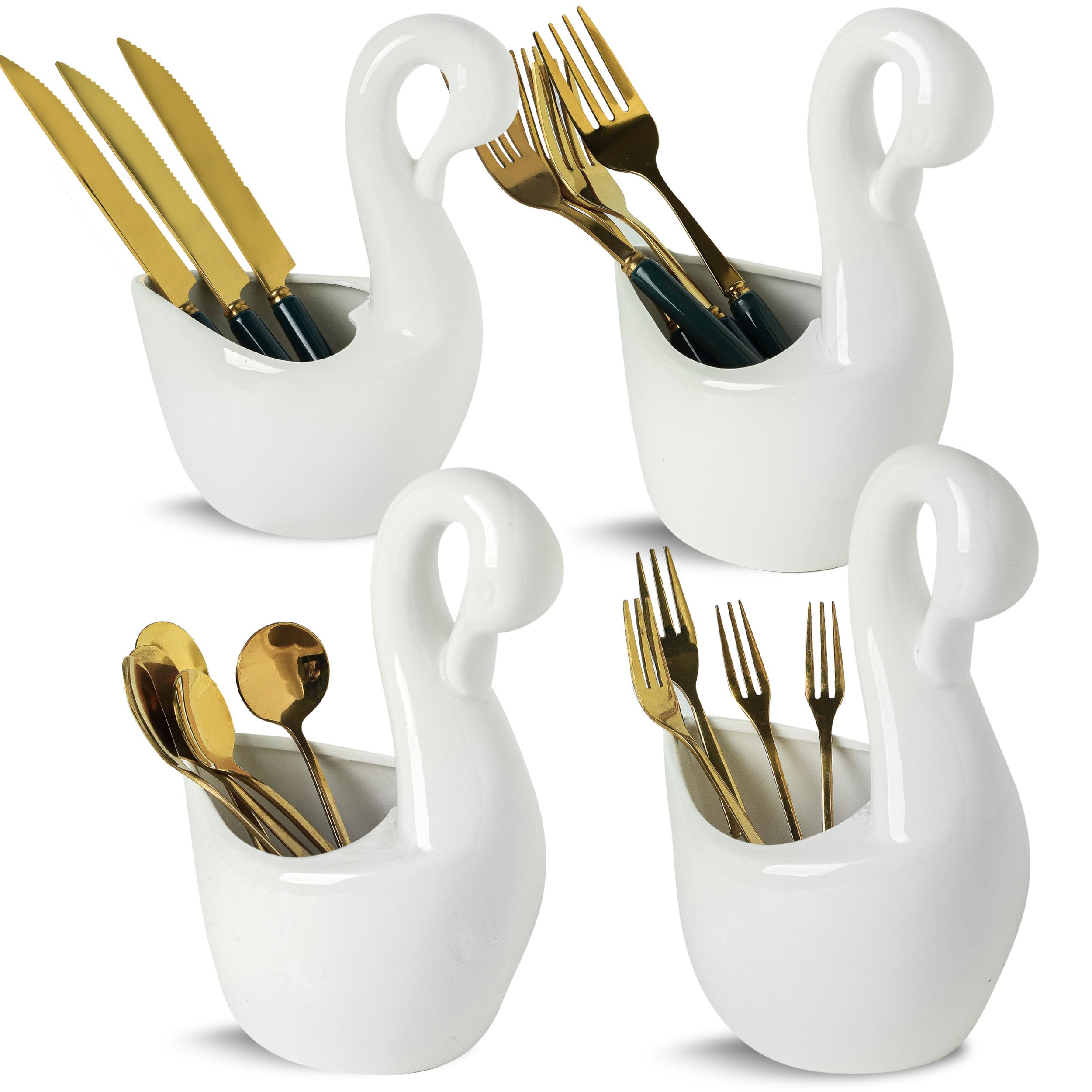 Ceramic Cutlery Holder - Set of 4 - White Silverware Caddy for Countertop - Cutlery Organizer for Spoon, Fork, Knife - Kitchen Utensil Holder for Party, Decorative