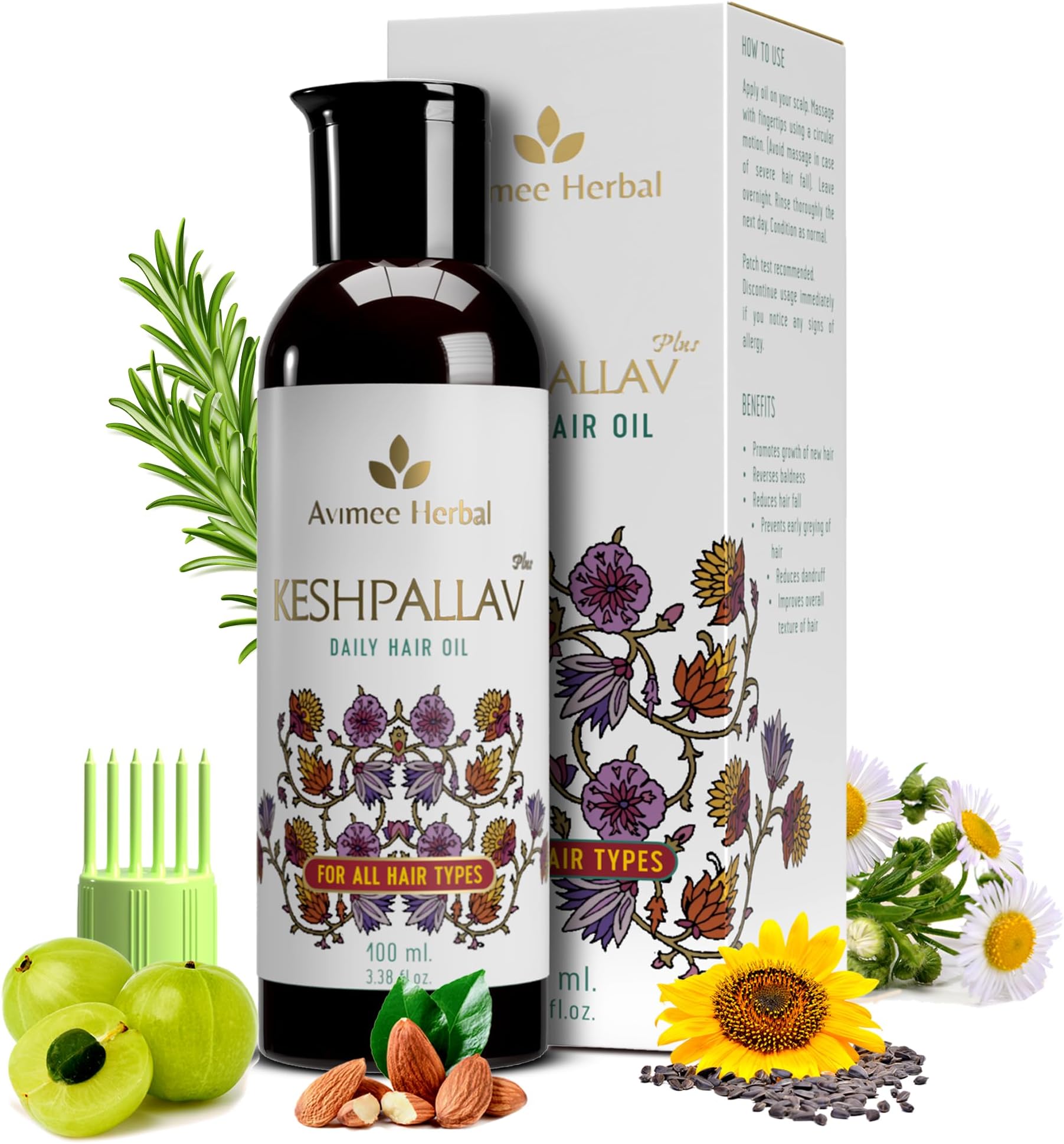 Avimee Herbal Keshpallav Plus Hair Oil for Men & Women | Non Oily Non Greasy with Soothing Fragrance | With Rosemary to Fight Hair Fall | 100 ml