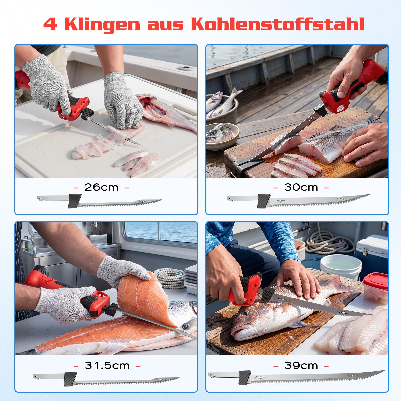 Elektromesser Kabellos Elektrisches Messer Filetiermesser mit 4 Hochkohlenstoffstahl Klingen 26–39cm 2 Akku Rutschfester Griff Sicherheitsschalter Angelbedarf Camping Set mit Koffer