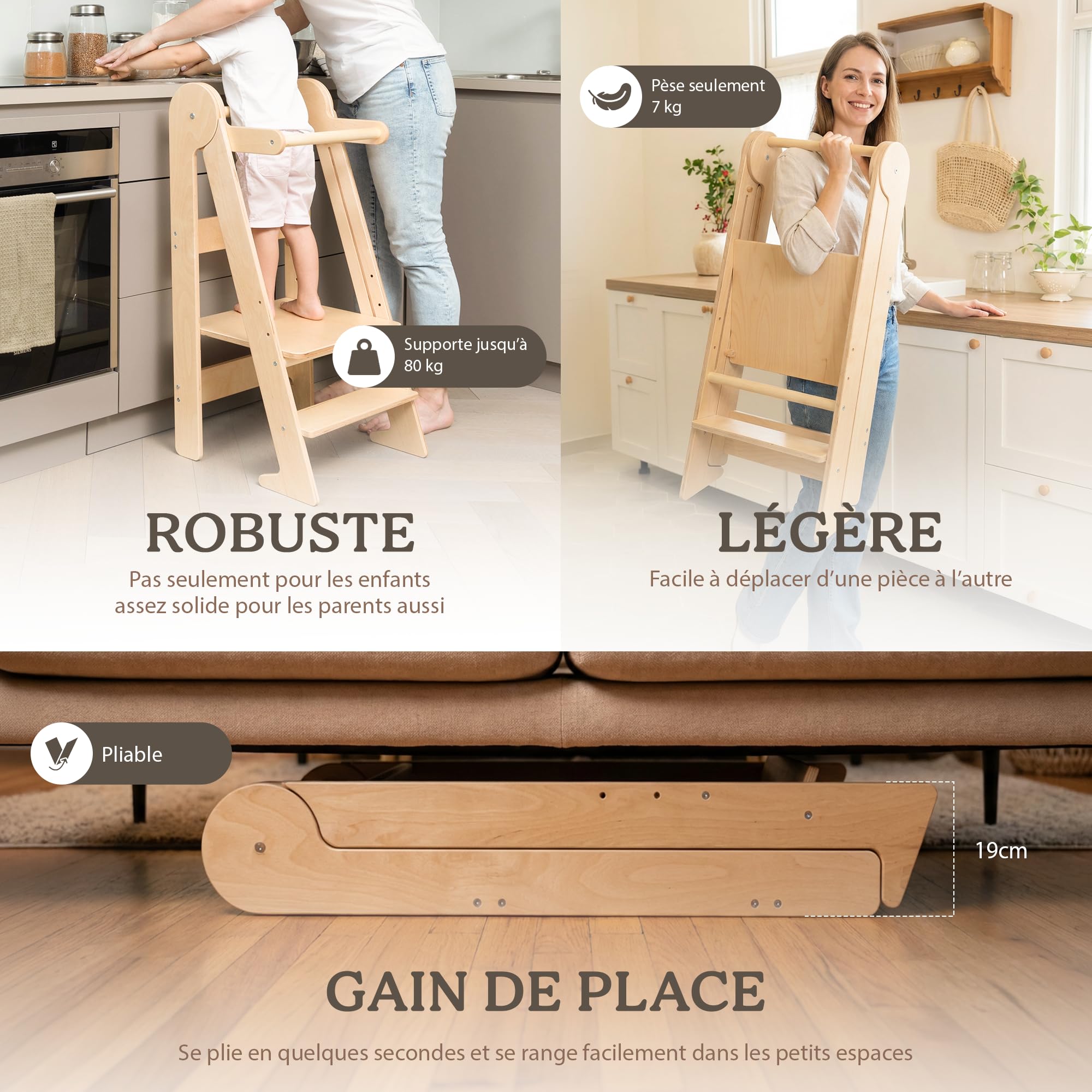 Tour Montessori Pliable Observation Enfant Bois Naturel