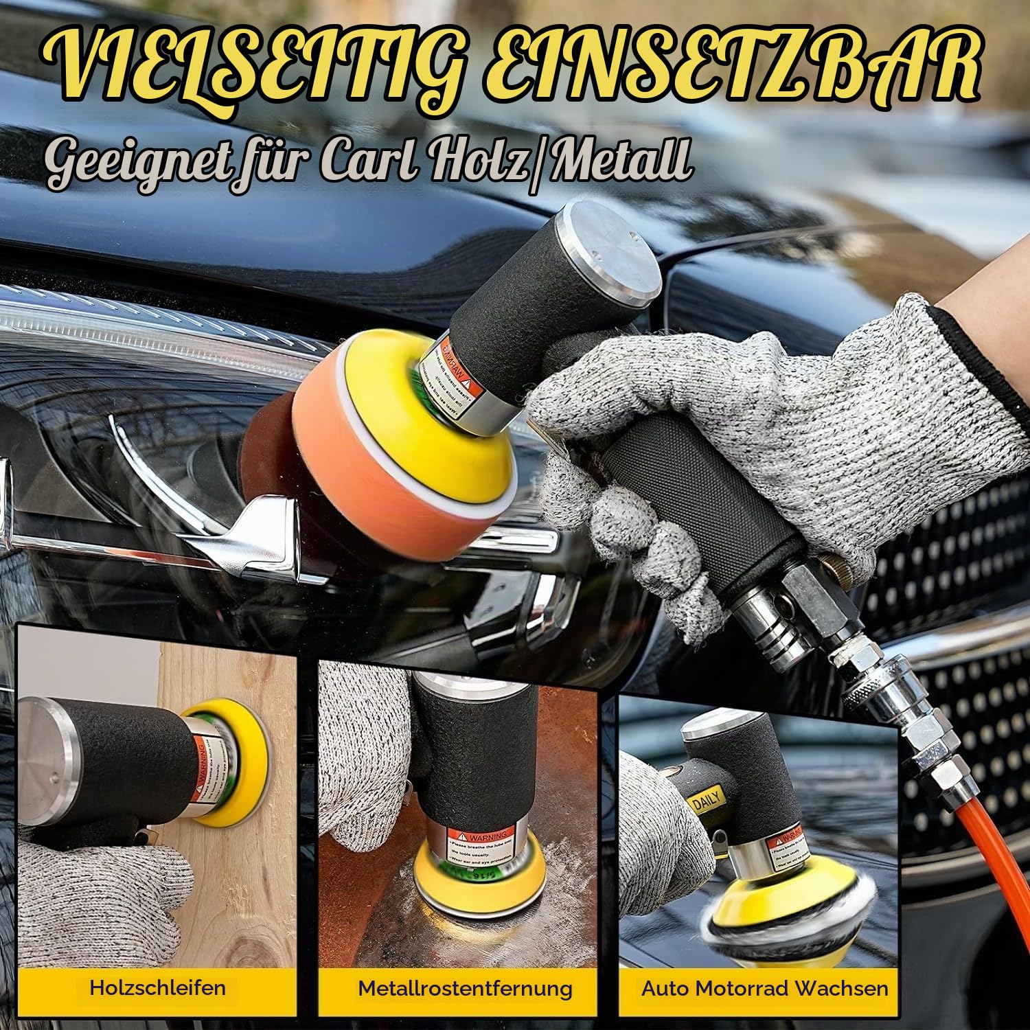 SI FANG Mini Poliermaschine, Druckluft Exzenterschleifer für Auto Polieren | 25mm 50mm 75mm, mit 30tlg Polierschwamm, 15tlg Mix Grit Schleifpapier, mit Metallbearbeitung