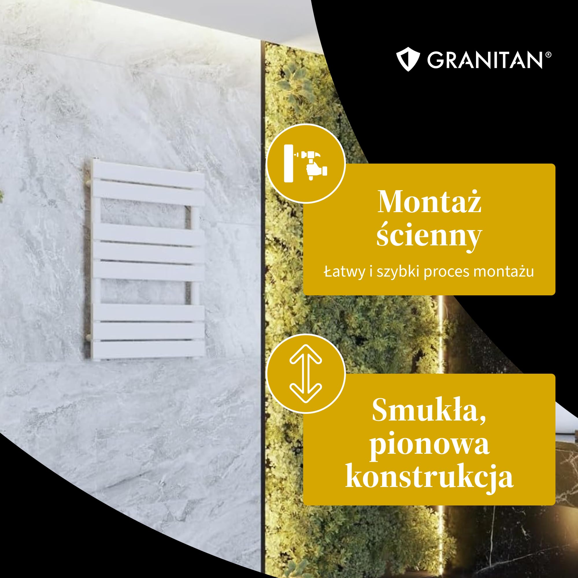 Granitan Grzejnik Łazienkowy OSLO 80x45 cm, Czarny, 407W | Grzejnik Łazienkowy Wodny, Ścienny grzejnik, drabinka do suszenia ręczników, podłączenie do centralnego ogrzewania