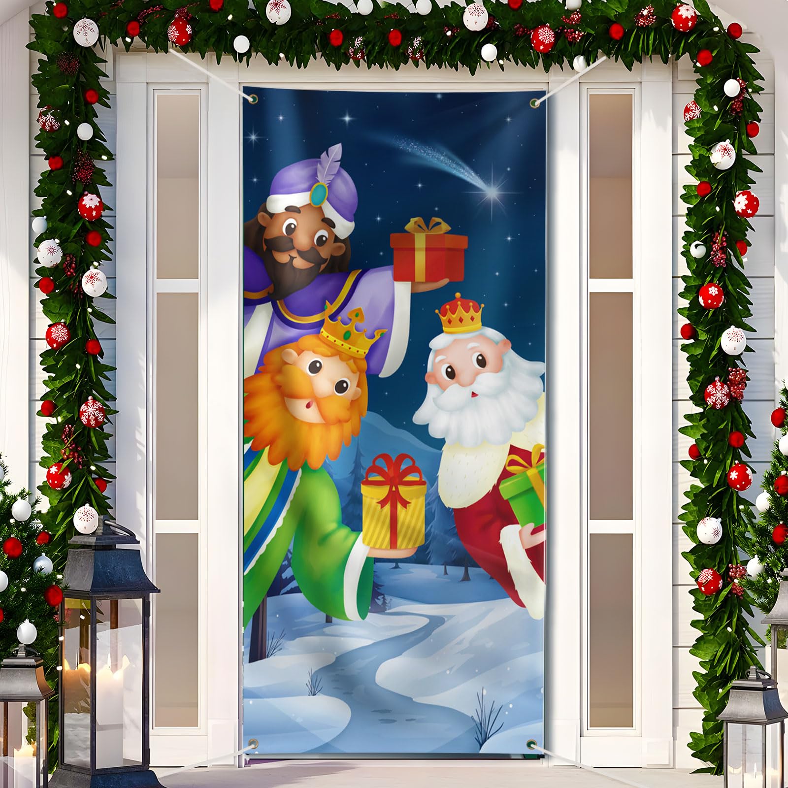 GEBETTER Decoración Navidad Puerta Día Los Reyes Magos, Decoración Navideña Entrada Exterior Interior, Tela Cortina Cubierta Pancarta Telón Fondo Fotos 200x90 cm + Cinta 6m (Los Tres Reyes Magos)